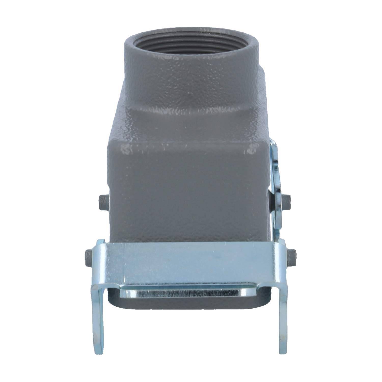 Ein graues elektrisches Anschlussgehäuse mit einem Metallbügel, das zum Schutz und zur sicheren Befestigung von elektrischen Komponenten entwickelt wurde.