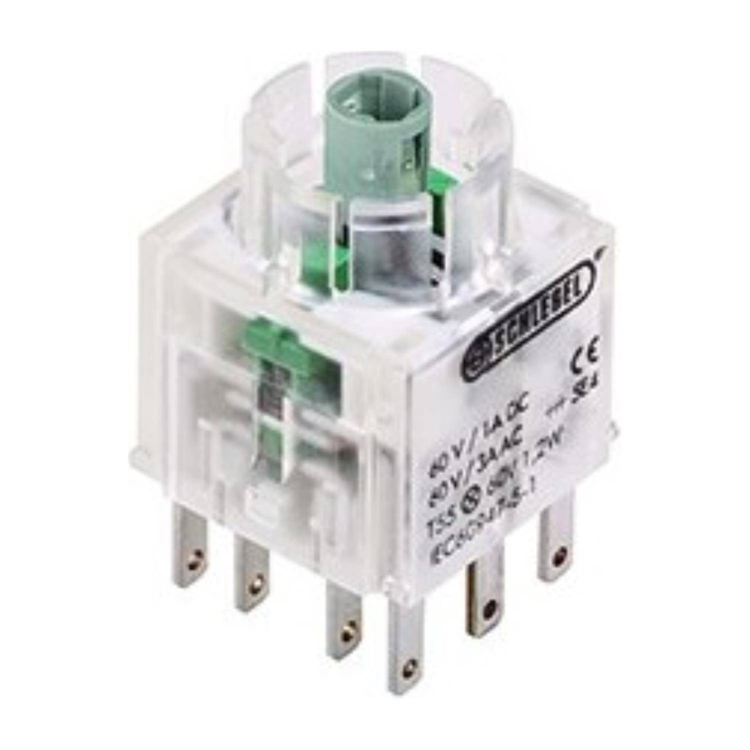 Ein transparenter elektronischer Schalter mit mehreren Metallzacken, mit einer grünen Komponente im Inneren, beschriftet mit Spannungs- und Modelldaten.