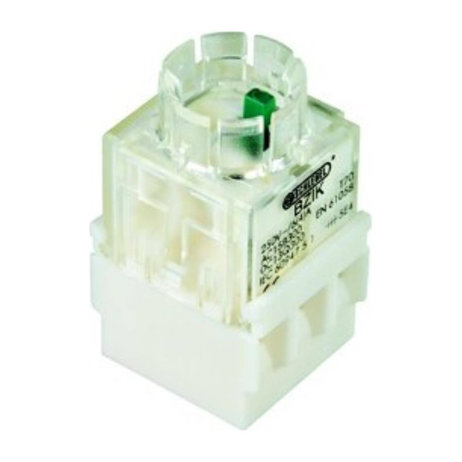 Eine weiße und grüne elektrische Komponente mit einem zylindrischen Oberteil und rechteckiger Basis, auf deren Oberfläche kleine Schriftzüge zu sehen sind.