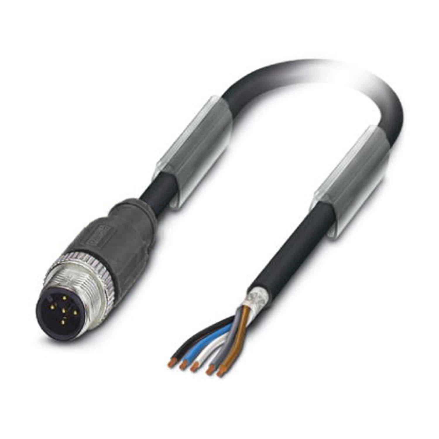 Ein industrielles Kabel mit einem 5-poligen Stecker auf der einen Seite und freigelegten farbigen Leitern auf der anderen Seite, verwendet für elektrische Verbindungen.