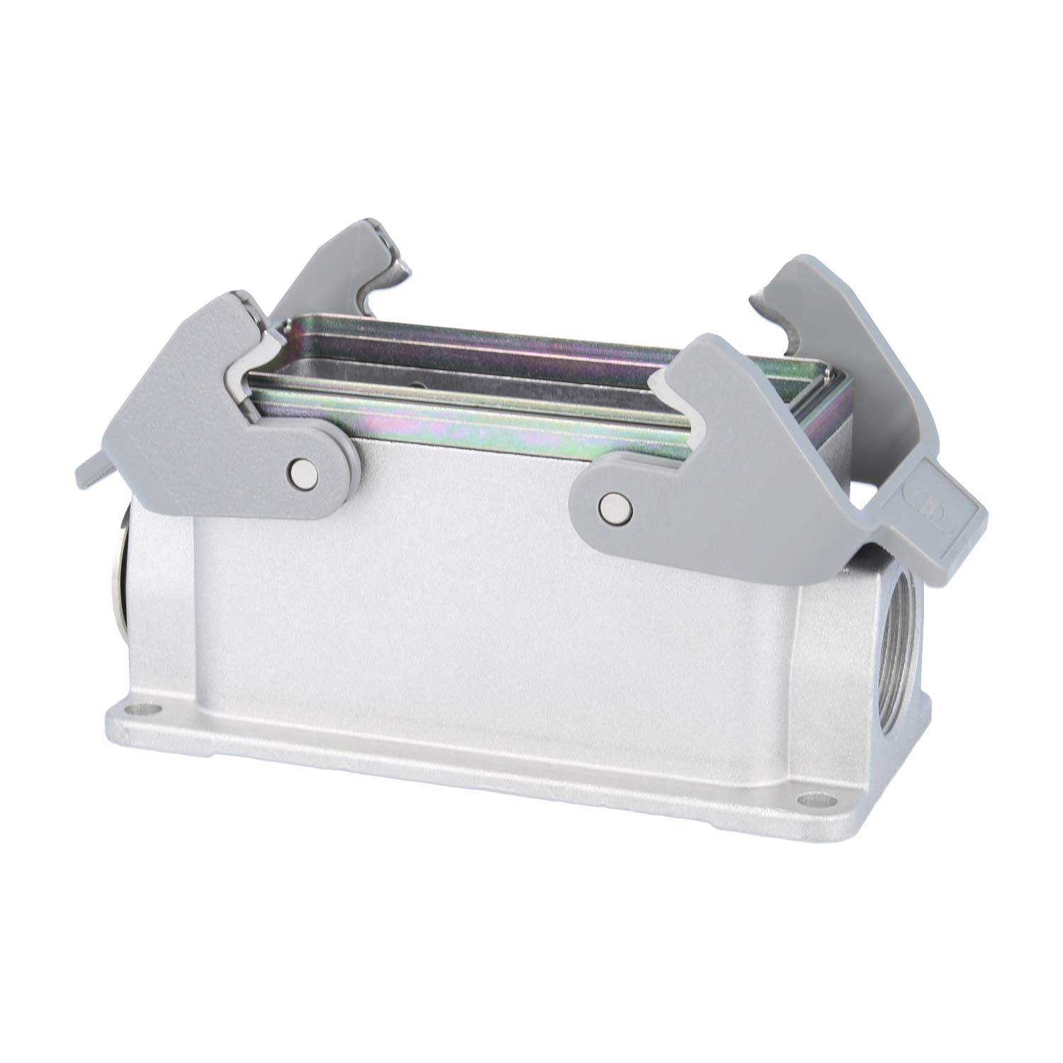 Ein rechteckiges metallisches elektrisches Verbindungsgehäuse mit zwei seitlichen Verriegelungen für einen sicheren Verschluss, verwendet in industriellen Anwendungen.