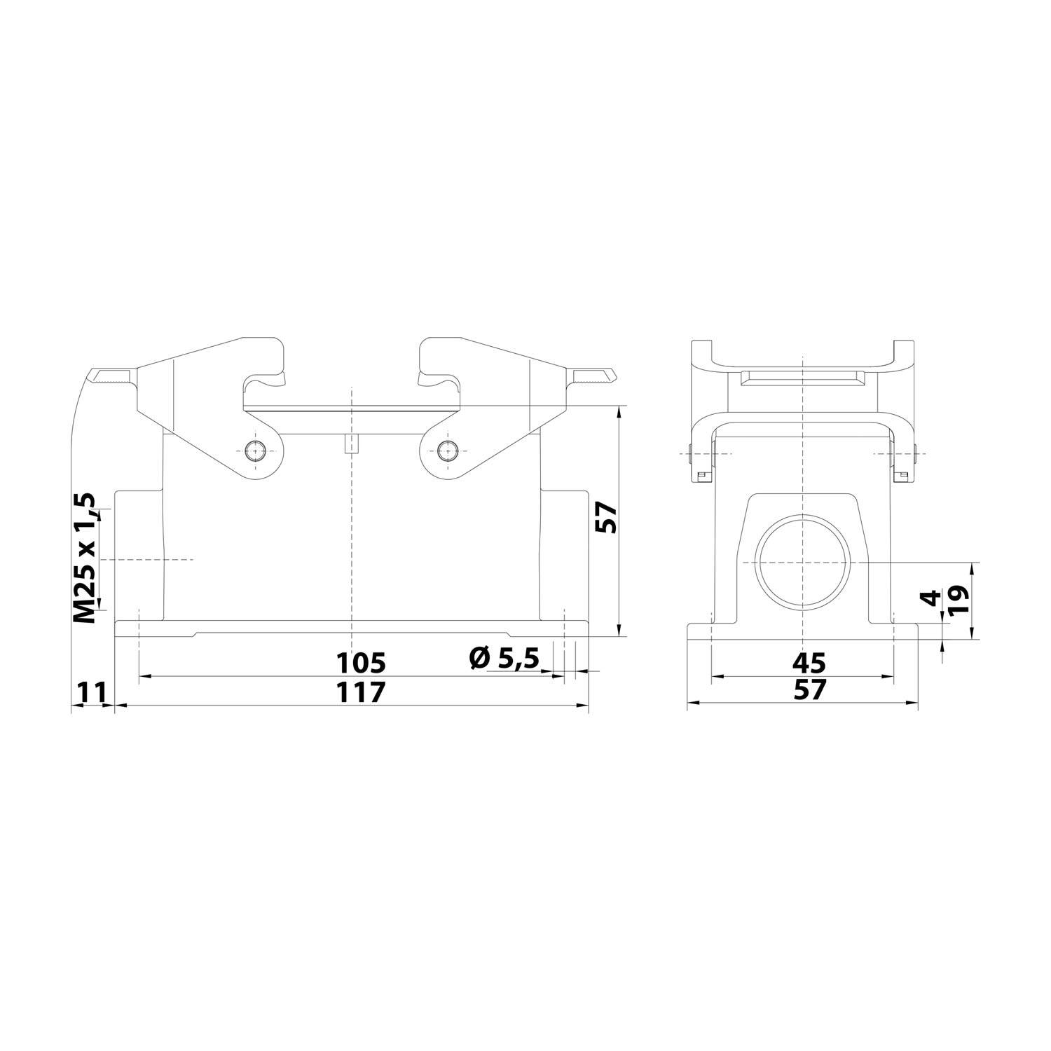 05628161270 HARTING Han 16B EMV Sockelgehäuse niedrig, 1xM25 seitlicher Kabelabgang, mit 2 Querbügeln EMV-Verschraubung