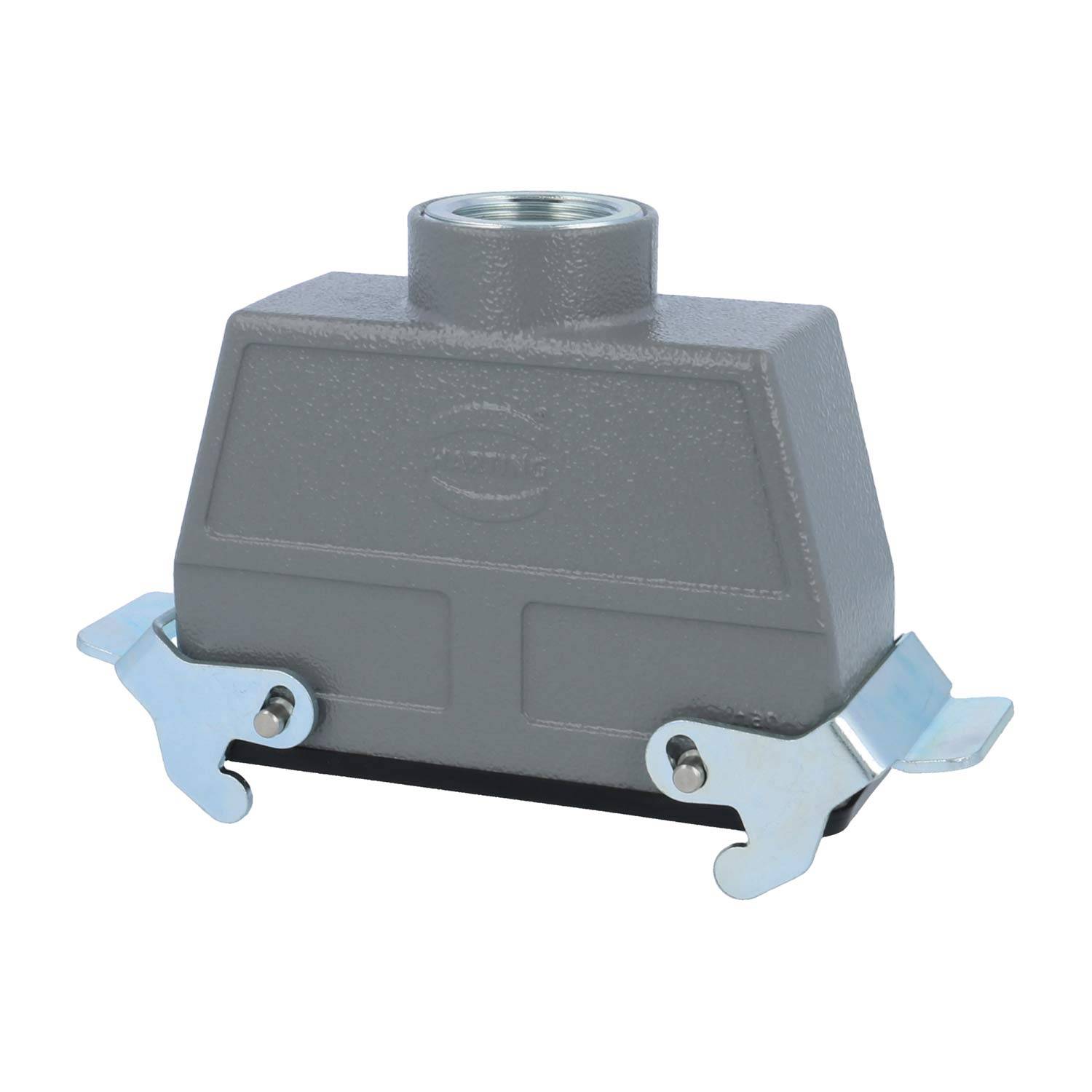 Ein rechteckiges graues industrielles Steckergehäuse mit Metallverriegelungshebeln an beiden Seiten.