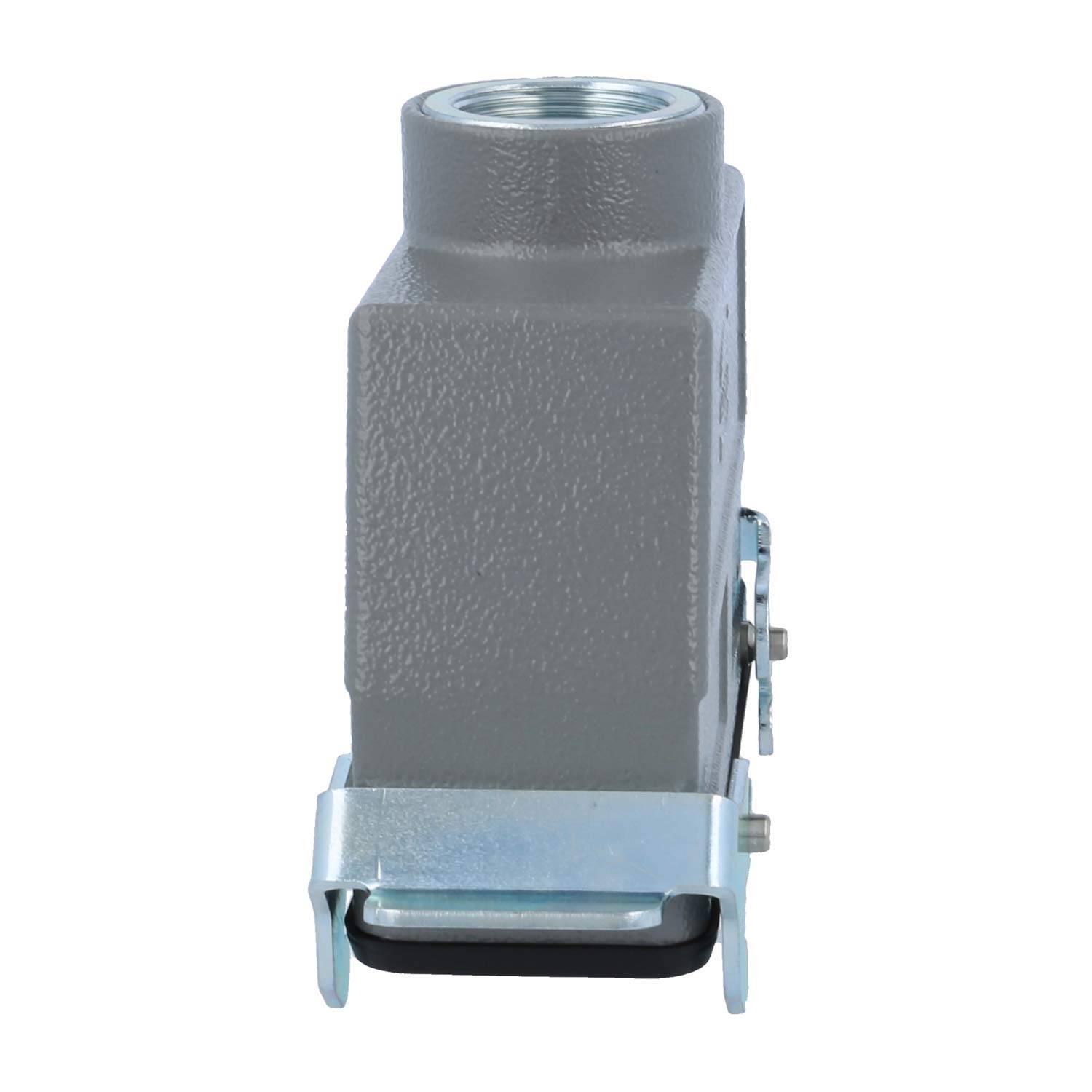 Ein metallisches industrielles Anschlussgehäuse mit rechteckiger Form, das eine Gewindebohrung an der Oberseite und einen Sicherungsmechanismus an der Basis für die Kabelinstallation aufweist.