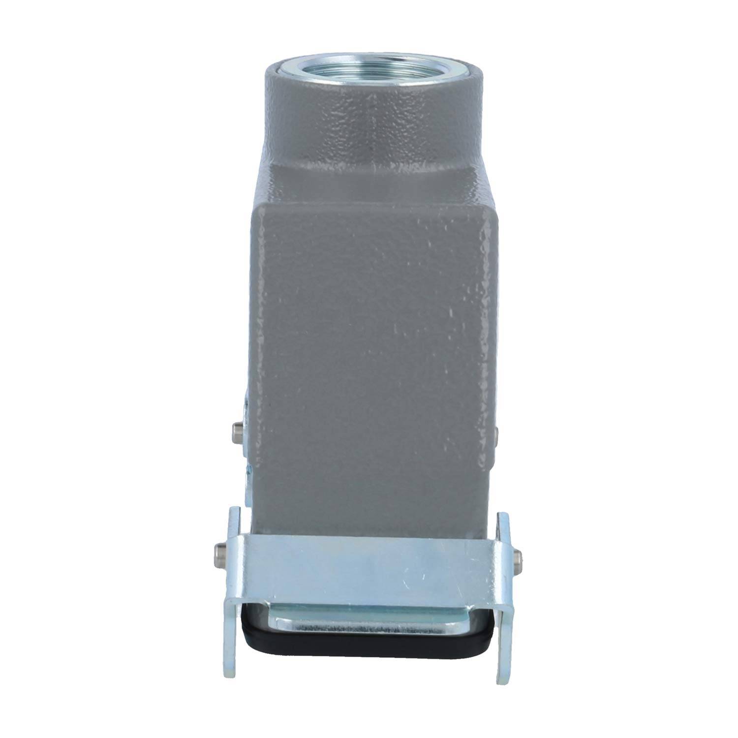 Ein grau-farbenes rechteckiges industrielles Steckverbindergehäuse mit einer verschraubbaren Oberöffnung und einer Metallbasis, verwendet für sichere elektrische Verbindungen.