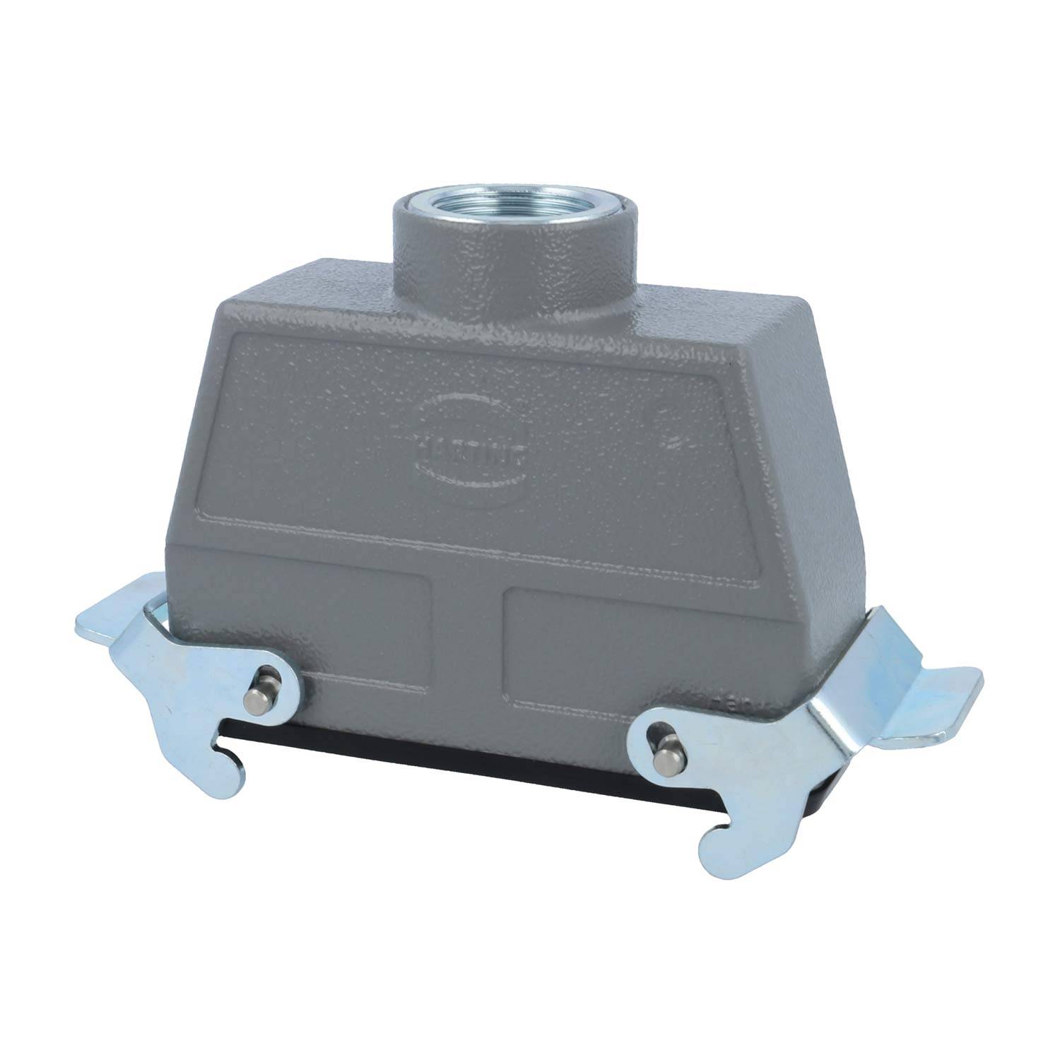 Ein grau-metallfarbenes industrielles Anschlussgehäuse mit einem Schraubengewinde an der Oberseite und zwei Verriegelungsmechanismen an den Seiten.