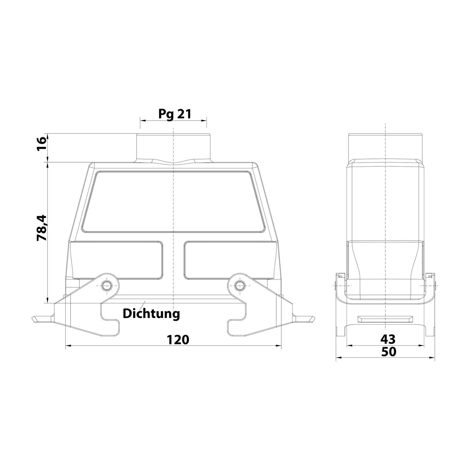 Technische Zeichnung auf Seite 21 zeigt einen Verbinder mit folgenden Abmessungen: 78,4 Höhe, 120 Breite, 50 Basisbreite und 43 Innenbreite.