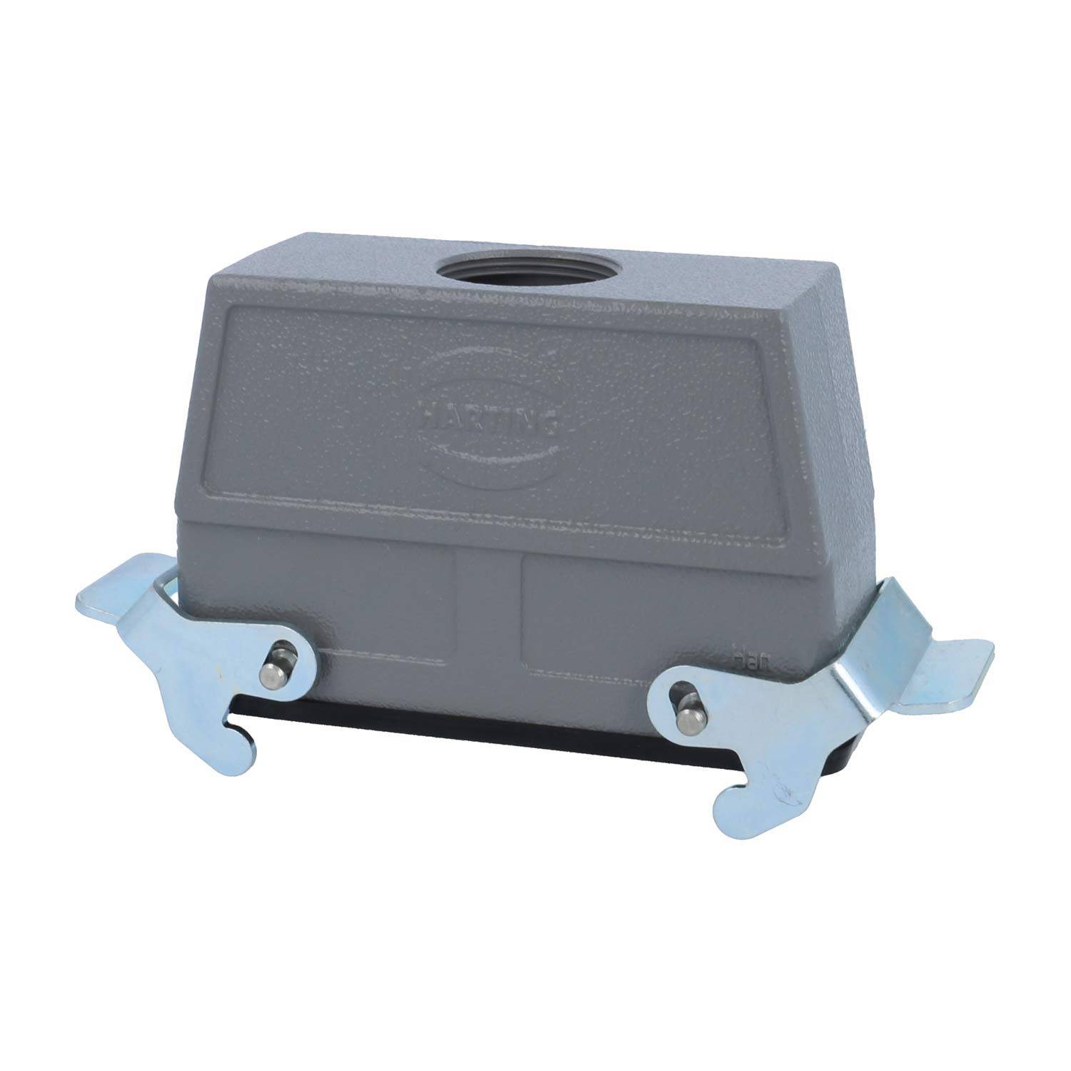 Ein rechteckiges Metallverbindergehäuse mit einem oberen Kabeleintragspunkt und zwei Sicherungshebeln an den Seiten.