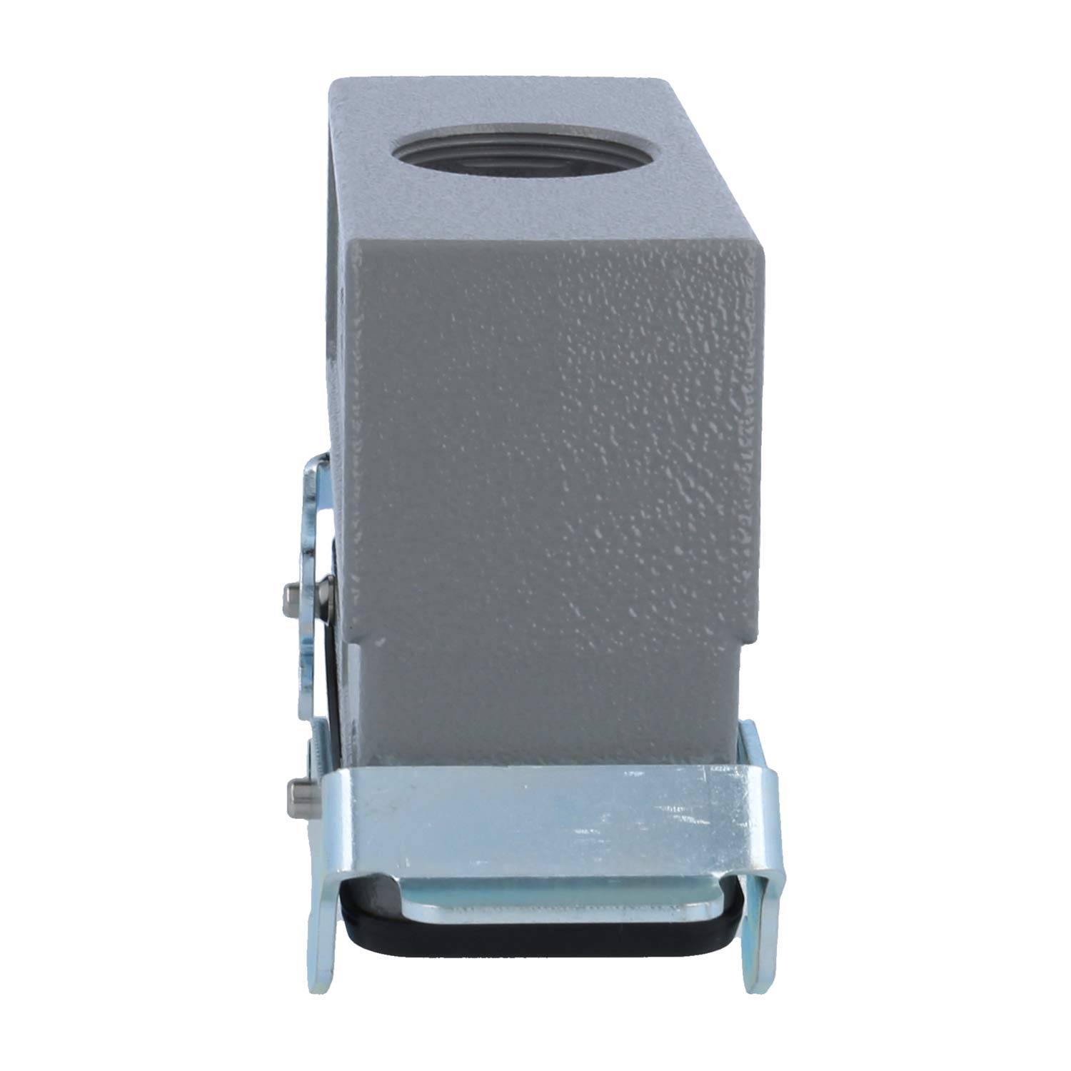 Ein grauer Metallmontageblock mit einem Gewindeloch an der Oberfläche, von der Seite betrachtet, mit einer Metallklemme an der Basis zum Befestigen.