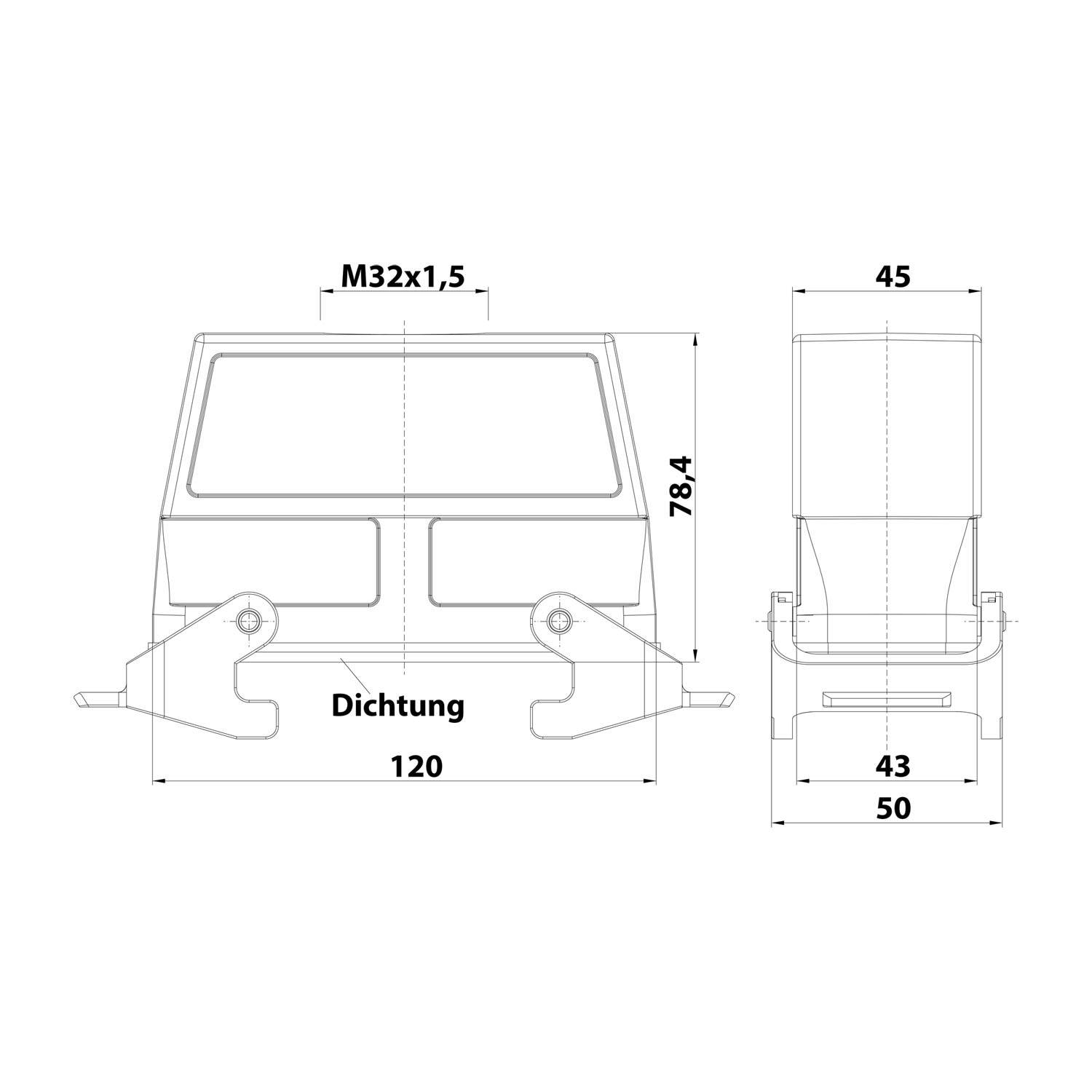 112590 HARTING Han 24B Kupplungsgehäuse hoch, 1xM32 gerader Kabelabgang, mit 2 Querbügeln Verschraubung M32