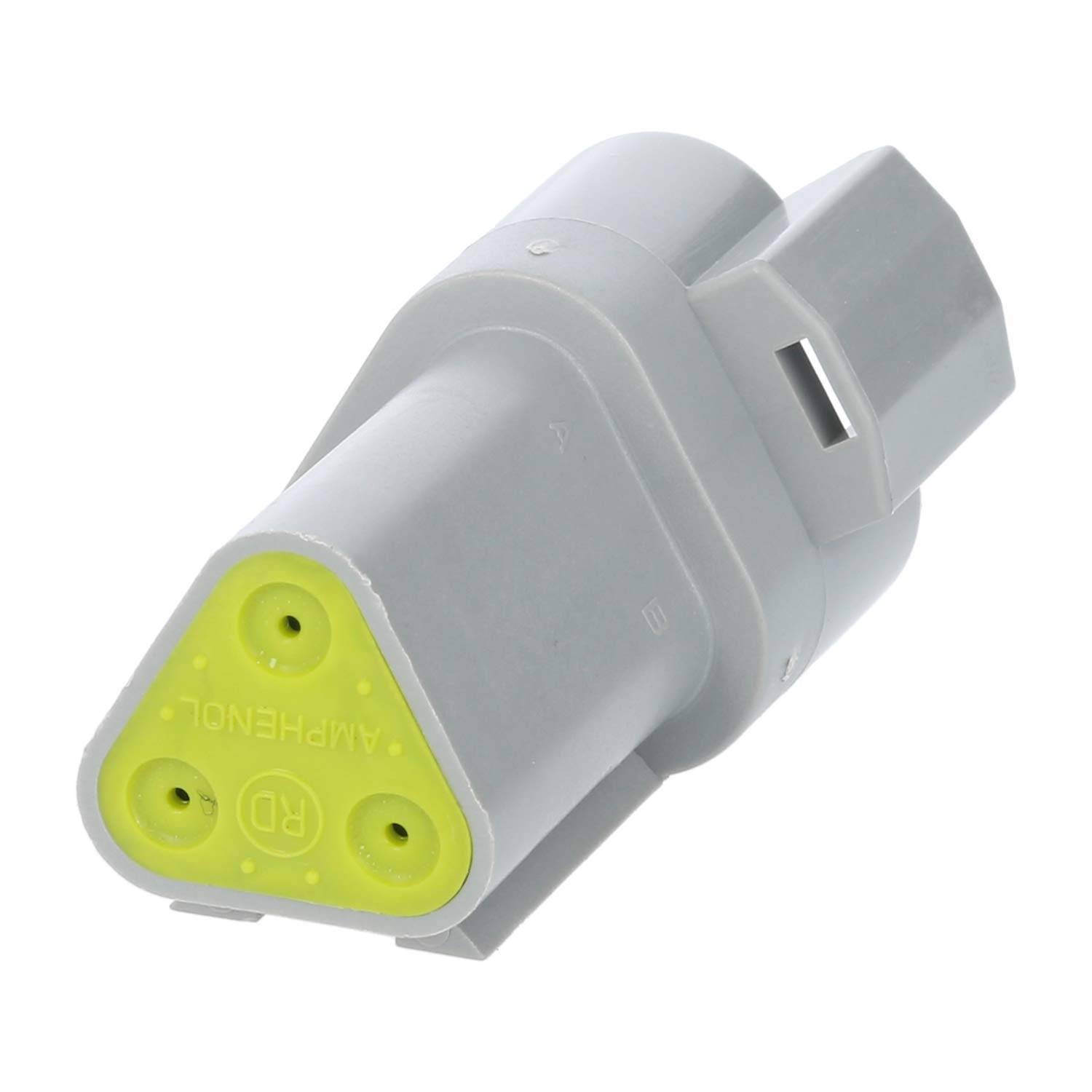 Ein grauer 3-poliger elektrischer Steckverbinder mit gelbem Steckerausgang, mit der Bezeichnung 'AMPHENOL', der für sichere elektrische Verbindungen ausgelegt ist.
