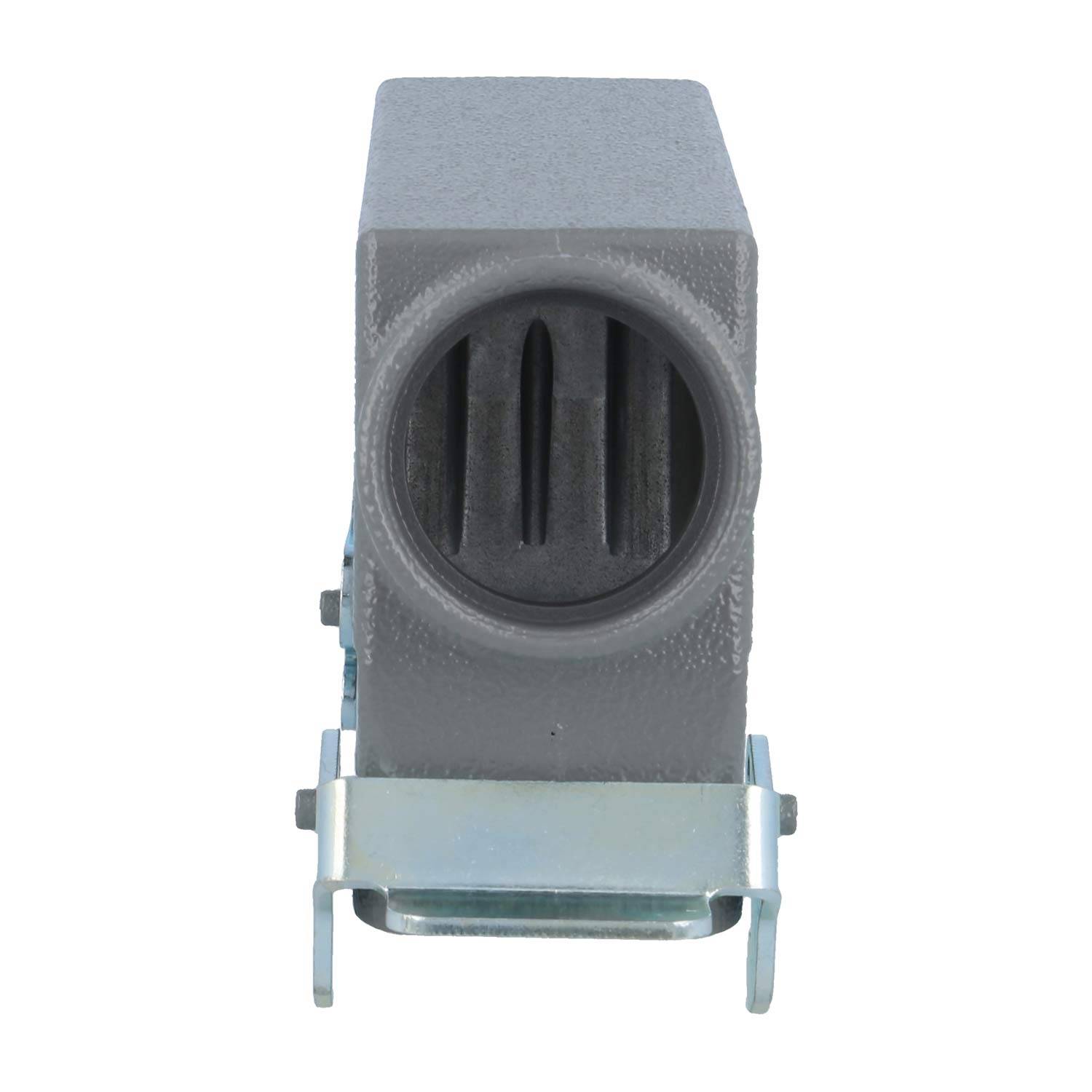 Ein rechteckiger, grauer elektrischer Leitungskörper mit einem Deckel, von vorne betrachtet.