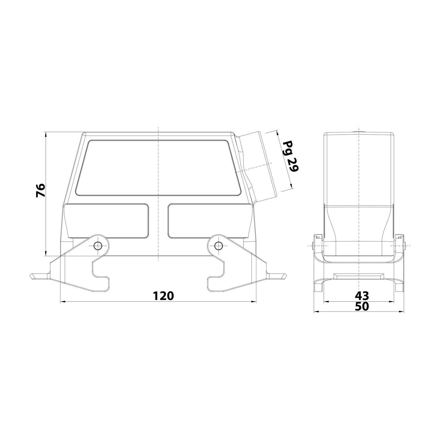 Technische Zeichnung eines Fahrzeugs: Vorder- und Seitenansicht mit Maßangaben. Die Vorderansicht zeigt eine Breite von 120, eine Höhe von 76 und Seitenprojektion mit Markierung Pg 29. Die Seitenansicht gibt Breiten von 43 und 50 an.