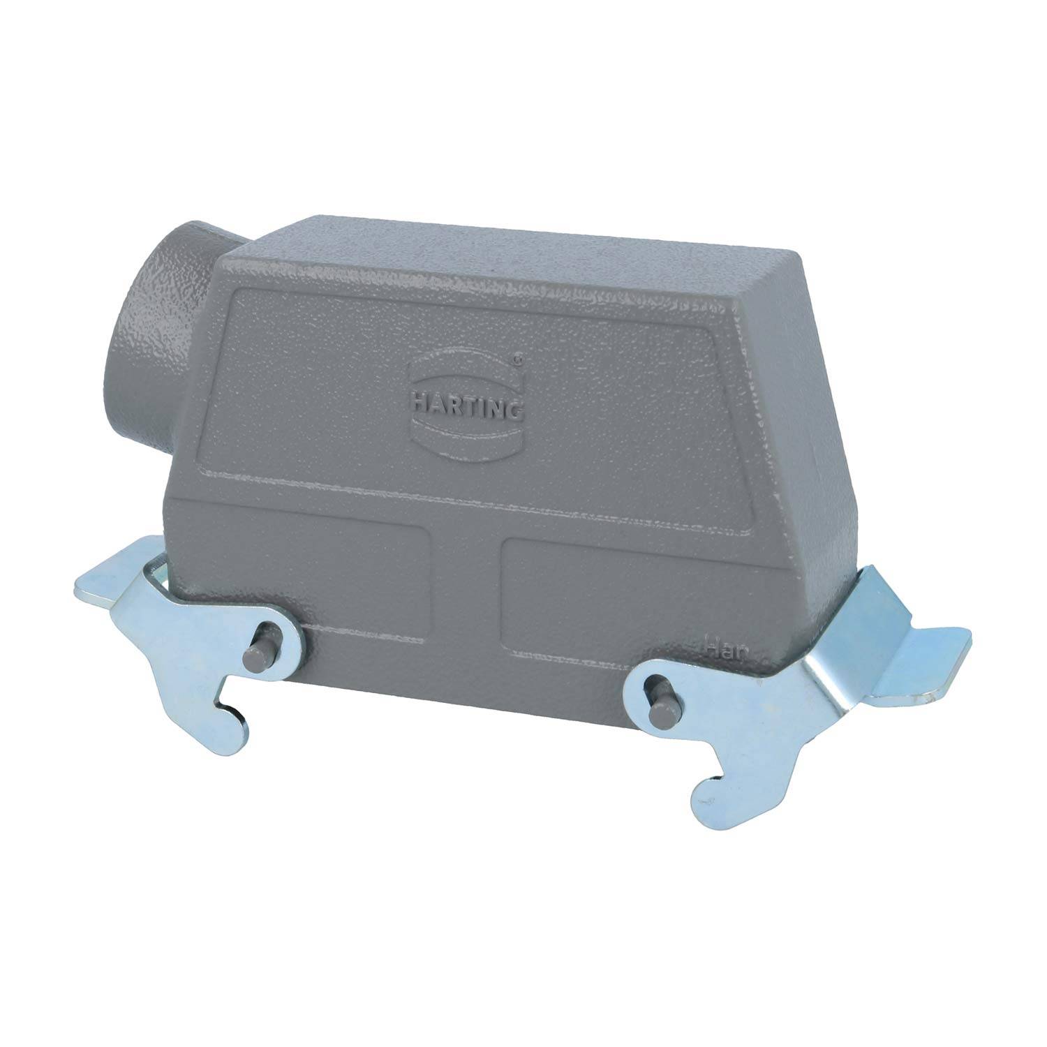 Ein rechteckiges graues industrielles Anschlussgehäuse mit Metallverriegelungen, geprägt mit dem Markenlogo, konzipiert für robuste elektrische Verbindungen.