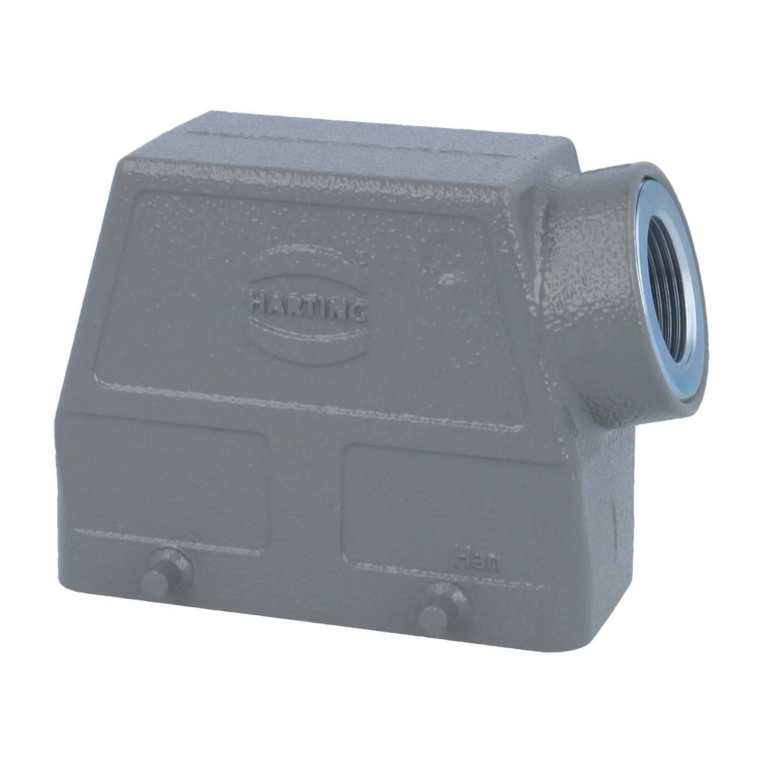 Ein graues industrielles Anschlussgehäuse mit rechteckiger Form und Gewindelöchern für Kabelanschluss, gekennzeichnet mit dem Namen HARTING.