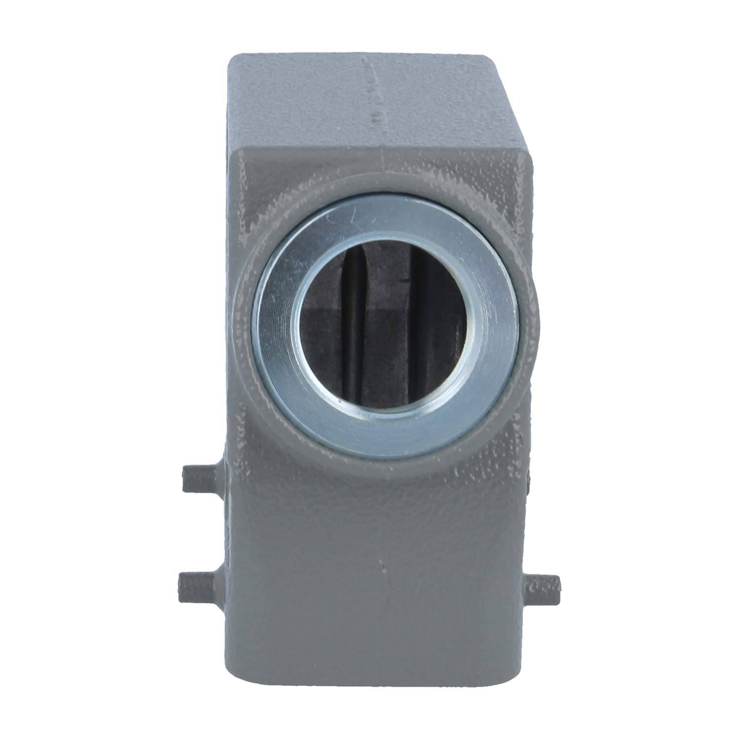Frontansicht eines grauen, rechteckigen Metallgehäuses mit einer kreisförmigen Öffnung in der Mitte, möglicherweise für ein Lager oder eine Welle.