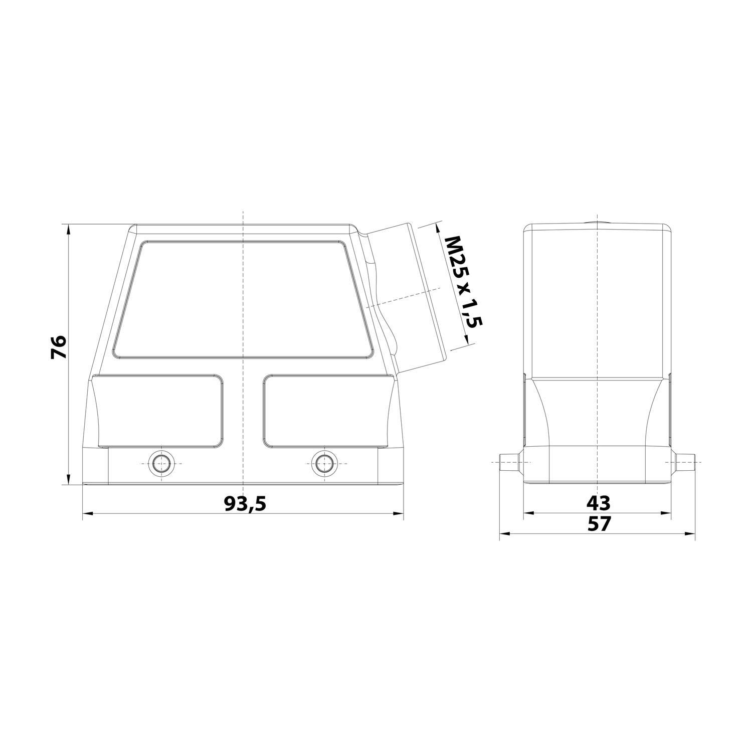05300160560 HARTING Han 16B Tüllengehäuse hoch, 1xM25 seitlicher Kabelabgang, für 2 Bügel (am Unterteil) Verschraubung