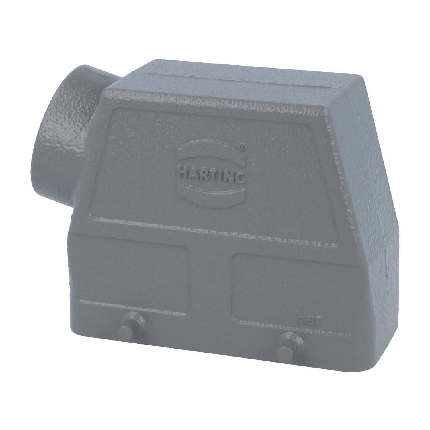 Graues industrielles Anschlussgehäuse mit seitlichem Kabeleingang, versehen mit geprägtem 'HARTING' Logo, verwendet zum Schutz elektrischer Anschlüsse.