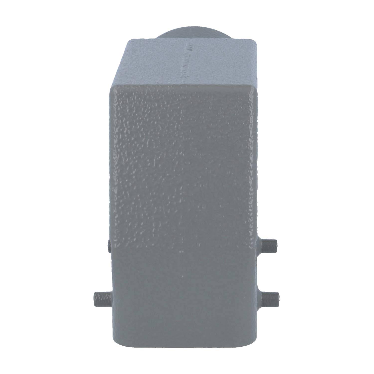 Ein grauer Metallgehäuse mit seitlichen Montagestiften, möglicherweise zur Aufnahme einer elektrischen Komponente oder eines Schalters, von vorne betrachtet.