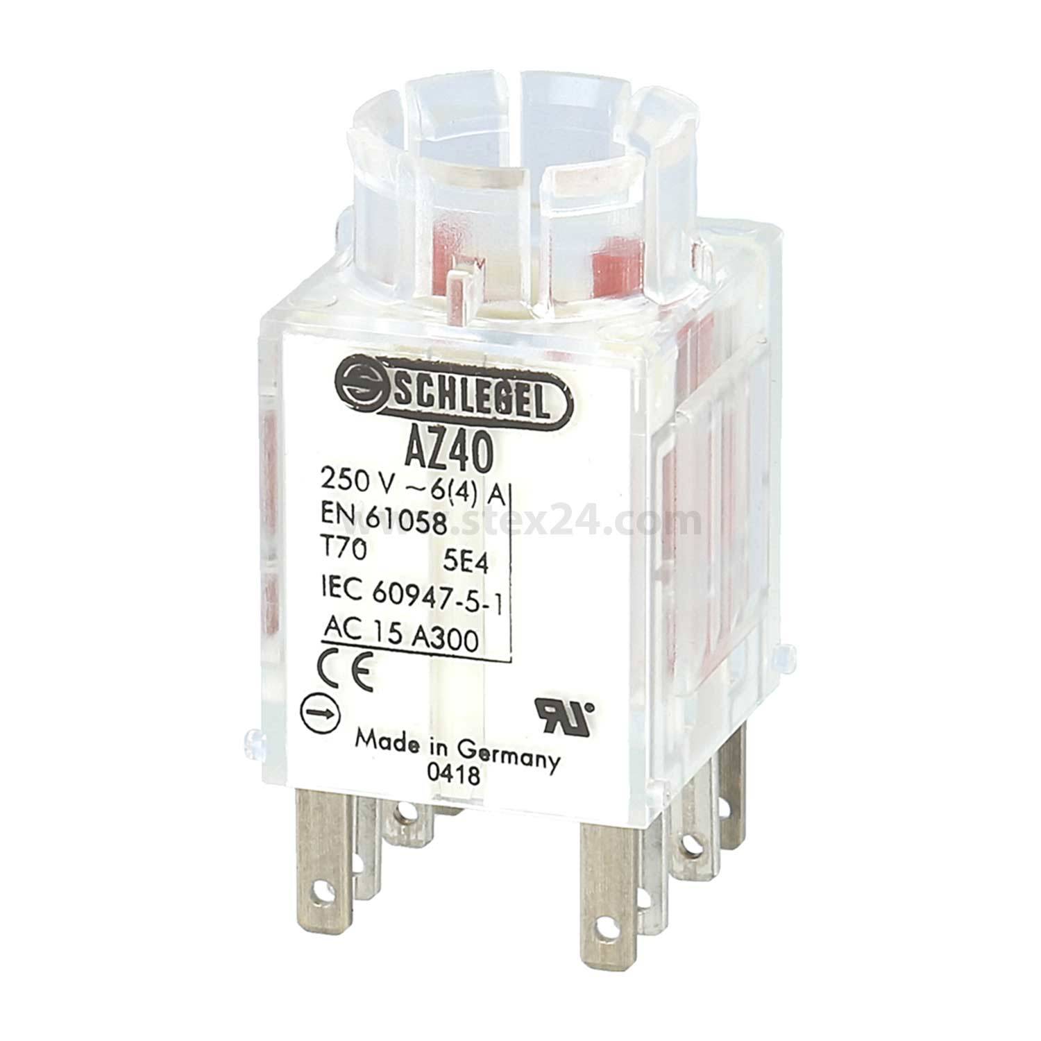 Ein Schlegel AZ40 Relais, 250V, Modelldetails 'EN 61058', 'T70', '5E4', 'IEC 60947-5-1', 'AC 15 A300'. In Deutschland hergestellt, wie gekennzeichnet.