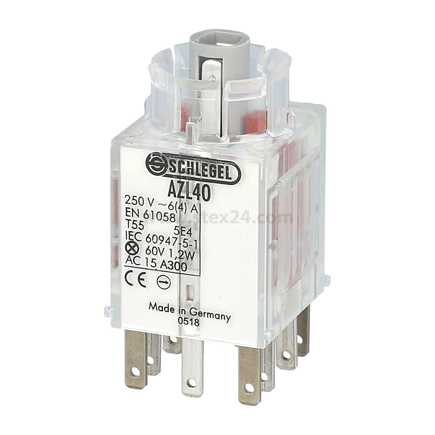 Eine transparente elektronische Komponente mit der Bezeichnung 'Schlegel AZL40', zeigt Spezifikationen wie '250V', 'Made in Germany' und Anschlusspins.