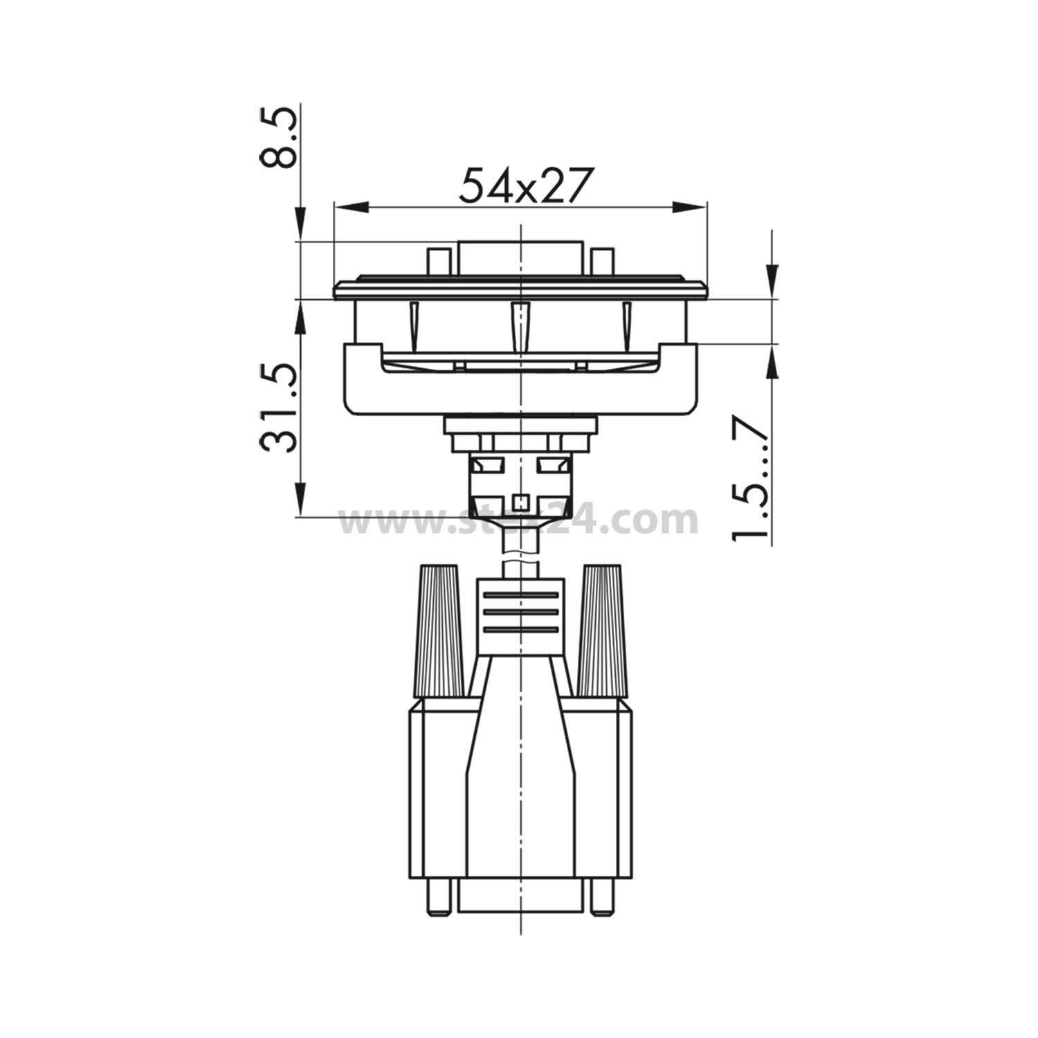 Technische Zeichnung eines Drucktastenschalters mit Abmessungen: Höhe 54 mm, Breite 27 mm, Tiefe 31,5 mm, Tasterauslösung 8,5 mm.
