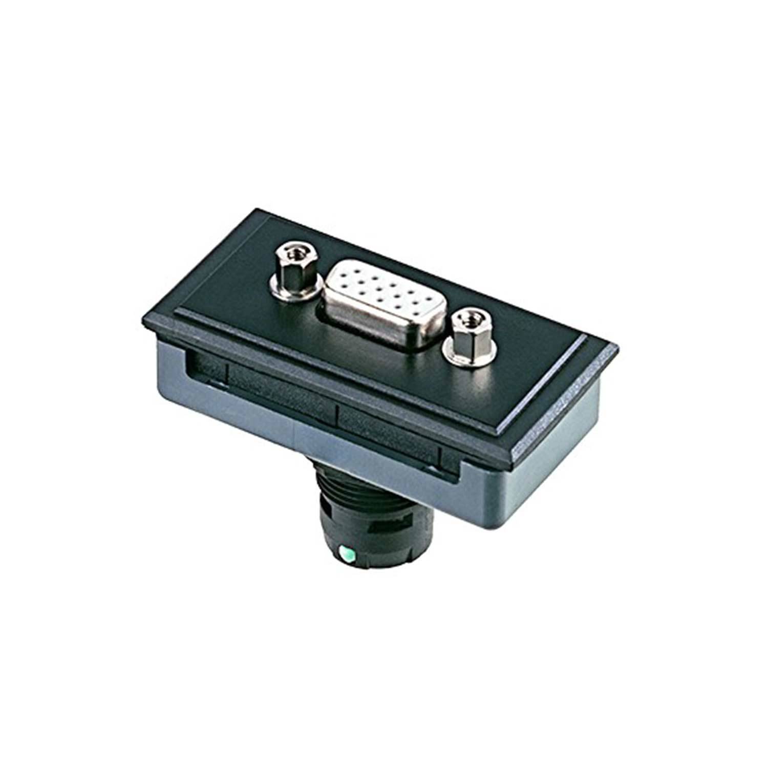 Ein rechteckiges schwarzes Panel mit einem silbernen VGA-Anschluss und zwei Schrauben, konzipiert für den Einbau in elektronische Geräte oder Schnittstellen.