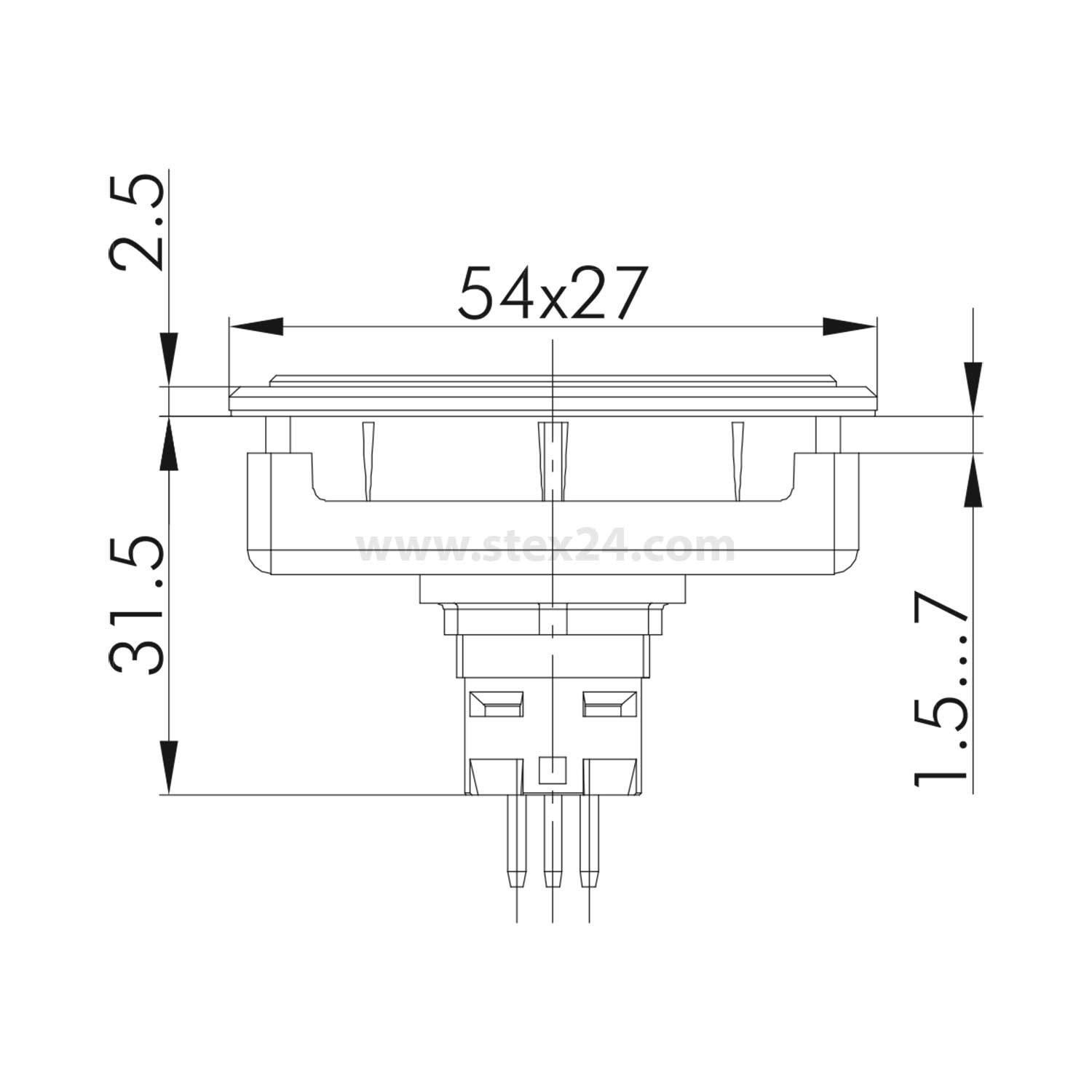 Technische Zeichnung eines elektrischen Schalters mit Abmessungen: 54x27 mm, Höhe 31,5 mm. Anschlüsseragen 1,5 bis 7 mm aus der Grundfläche heraus.
