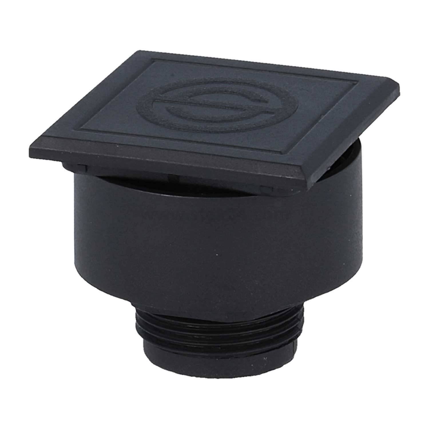 Ein schwarzes, zylindrisches Sanitärventil mit quadratischer Oberseite, auf der ein geprägtes Logo angebracht ist, das zur Wassersteuerung und -regulierung entwickelt wurde.