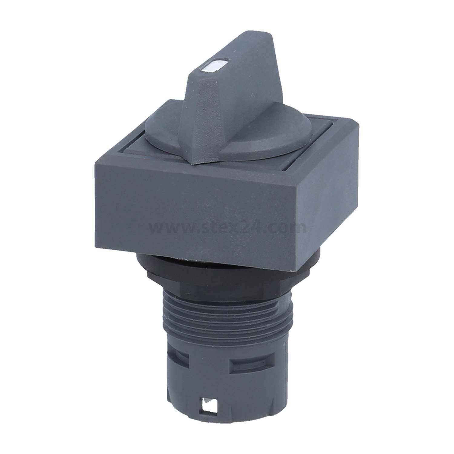 Ein schwarzer Drehschalter mit quadratischer Basis, verwendet für elektrische Steuerungen, mit einem exzentrisch angeordneten Knopf, der aufrecht für einfache Bedienung positioniert ist.