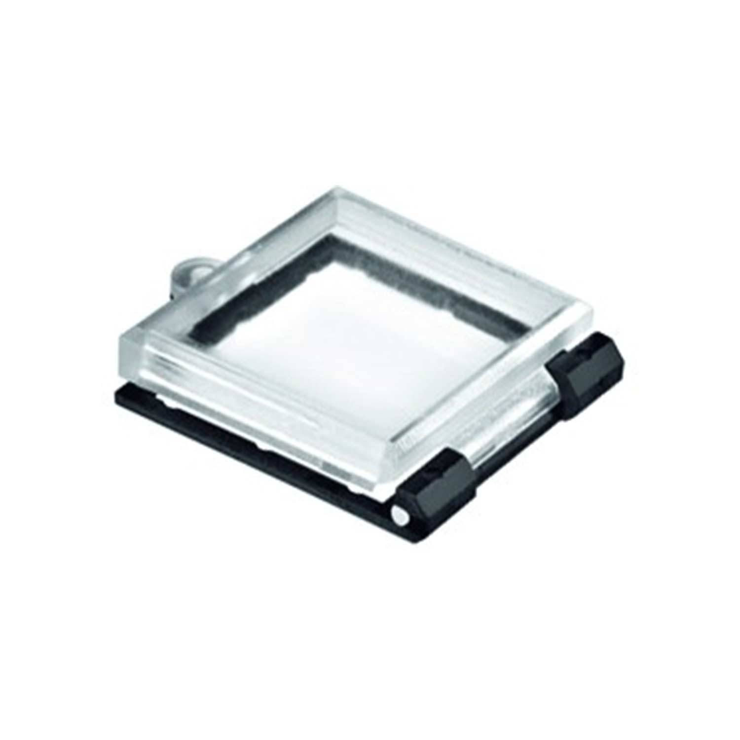 Eine quadratische, transparente Lupe mit einem schwarzen Griff und einer kleinen Schlaufe zum Befestigen oder Aufhängen.