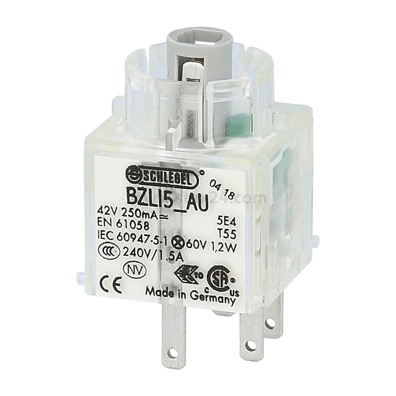 Ein klarer Drucktastenschalter mit der Bezeichnung 'BZLL5 AU' mit Spezifikationen für Spannung und Stromstärke, hergestellt von Schlegel.