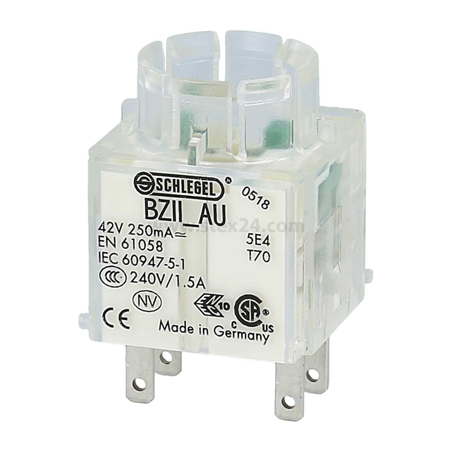 Ein transparenter rechteckiger Relais mit der Beschriftung 'Schlegel BZII_AU', betrieben mit 42V, 250mA. Gekennzeichnet mit 'Made in Germany'.