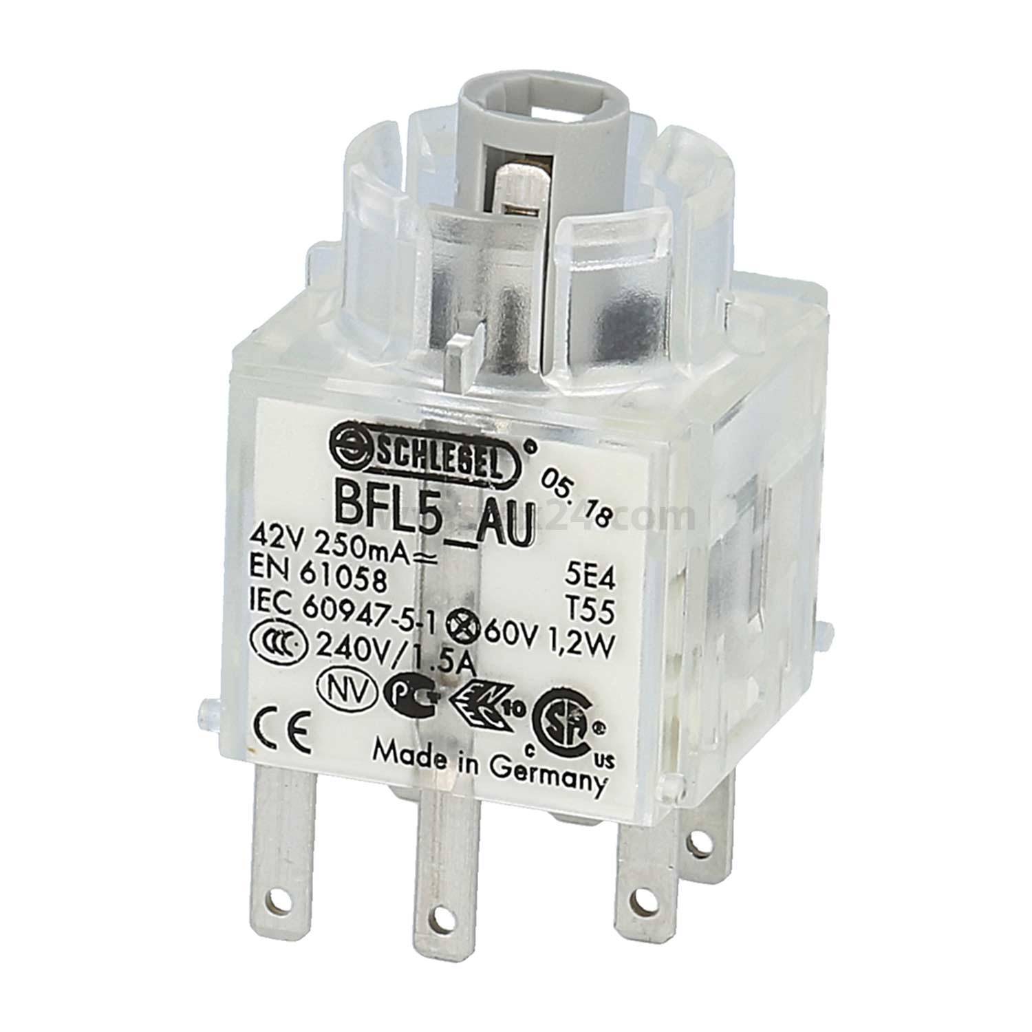 Eine durchsichtige Kunststoff-Elektrorelais mit der Bezeichnung 'Schell BFL5 AU', an deren Seite Spezifikationen wie Spannungs- und Stromstärkenangaben aufgedruckt sind.