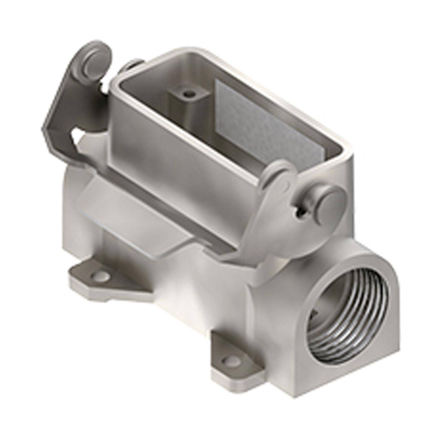 Metallisches industrielles Anschlussgehäuse mit seitlichen Verriegelungen und gewindeförmigem Auslass, das eine rechteckige Öffnung auf der Oberseite aufweist.