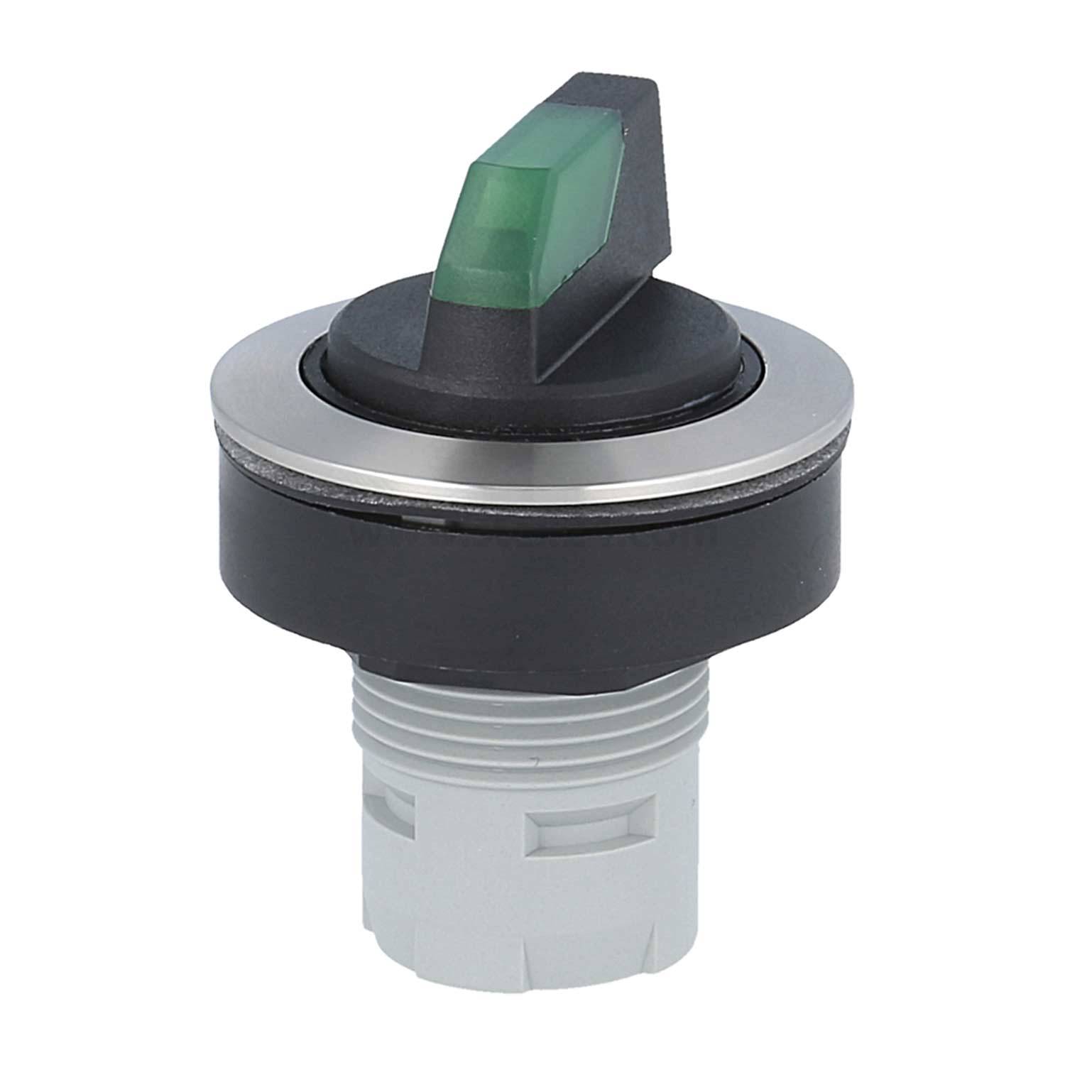 Eine Nahaufnahme eines schwarzen und grünen Drehschalters, der aufrecht steht und oben eine grüne Anzeige sowie unten einen zylindrischen Anschluss aufweist.