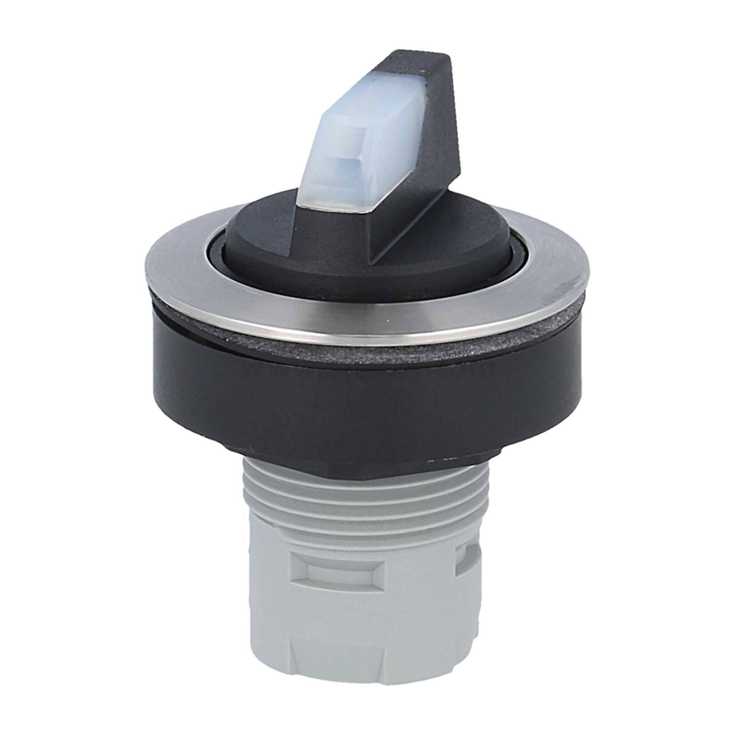 „Ein Drehknopfschalter mit einem schwarz-weißen Griff, montiert auf einer grauen Basis, zur Steuerung elektronischer Geräte.