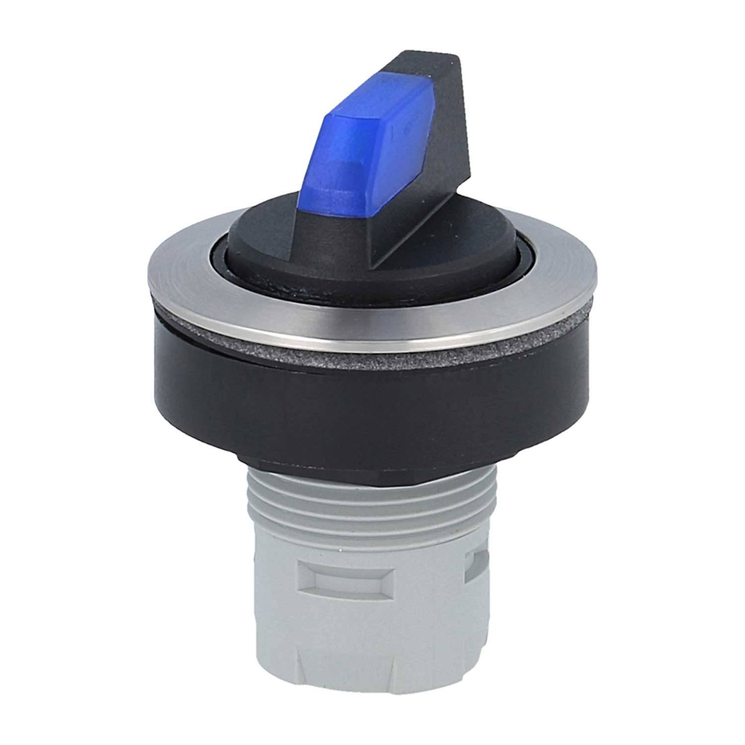 Ein rundes Drehschalter mit blauem Indikator, grauem Sockel und Metallrahmen, verwendet zur Steuerung elektrischer Geräte oder Maschineneinstellungen.