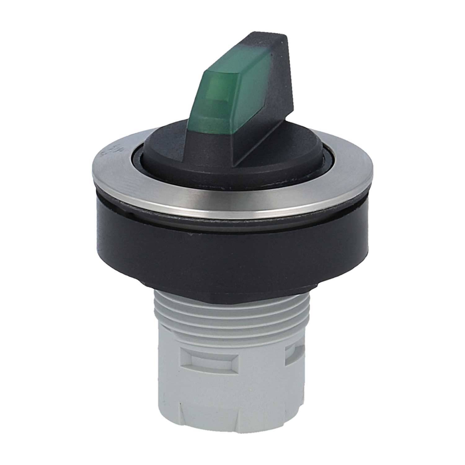 Ein Nahaufnahme eines schwarz-silbernen Kontrollschalters mit einem grün beleuchteten Kippschalter, konzipiert für industrielle Ausrüstung.