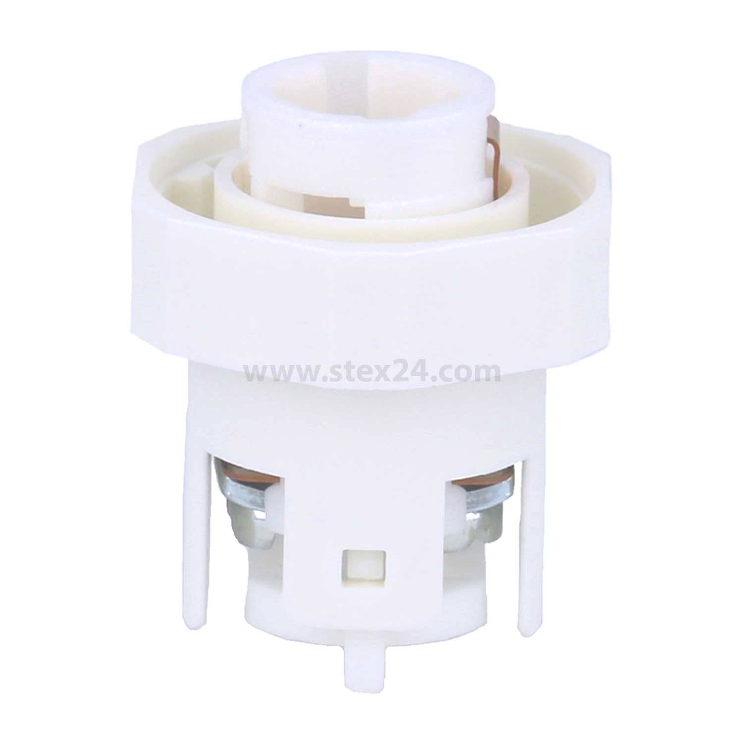 Weißes Plastikbauteil in zylindrischer Form mit kleinen Metallsteckern an der Basis, möglicherweise Teil eines elektrischen Geräts.