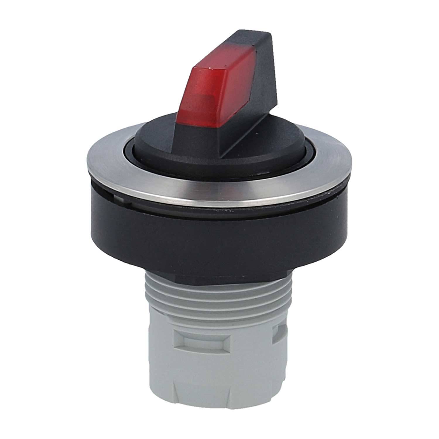 Ein schwarzer und silberner Drehschalter mit einer roten Anzeige, der in elektrischen Schaltschränken verwendet wird.