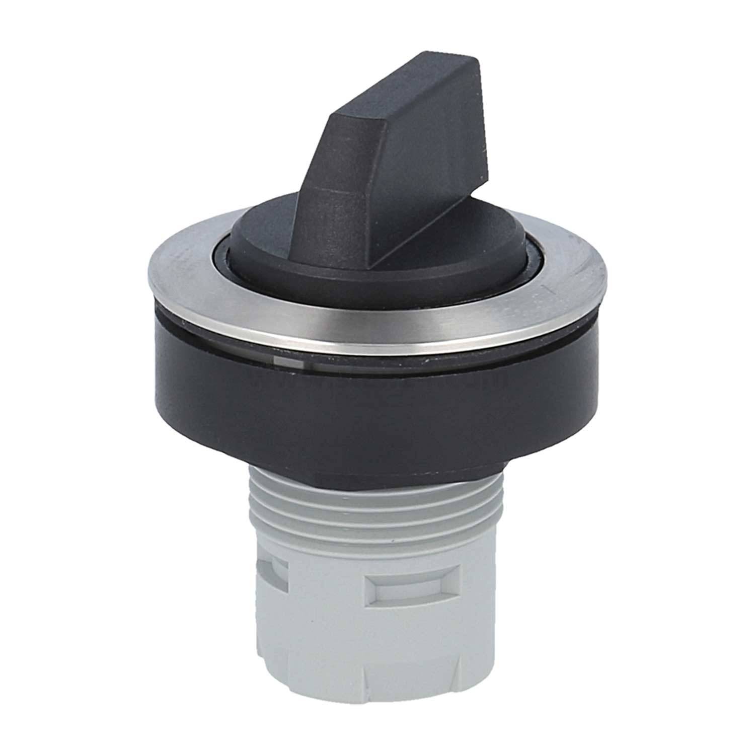 Ein runder, schwarz-silberner Drehschalter mit dreieckigem Griff, für Befestigung an einer Instrumententafel konzipiert, der seine seitlichen und unteren Befestigungsschrauben zeigt.