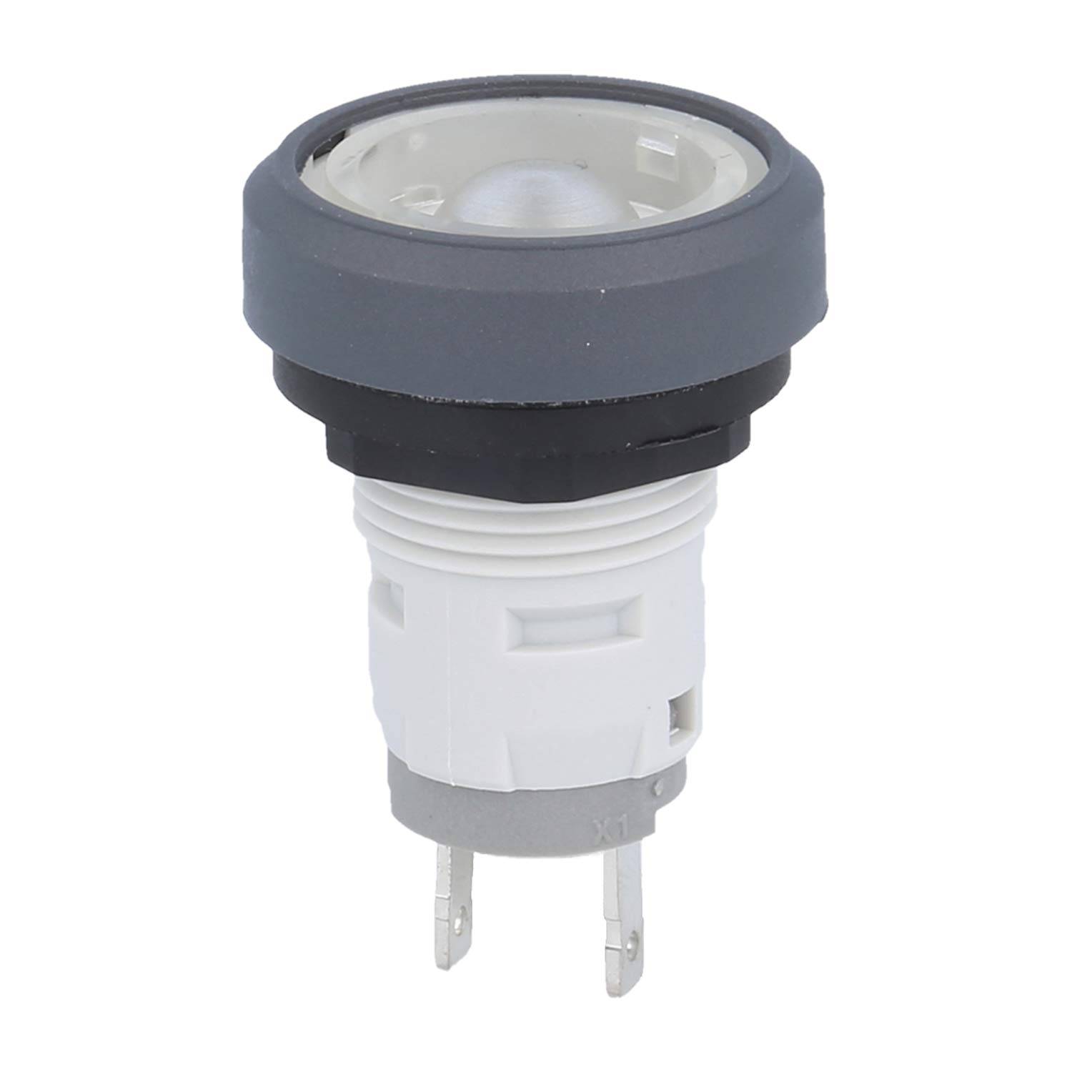 Eine Nahaufnahme eines weißen und grauen elektrischen Drucktaster-Schalters mit zwei Metallstiften, die für die Befestigung an einer Tafel konzipiert sind.