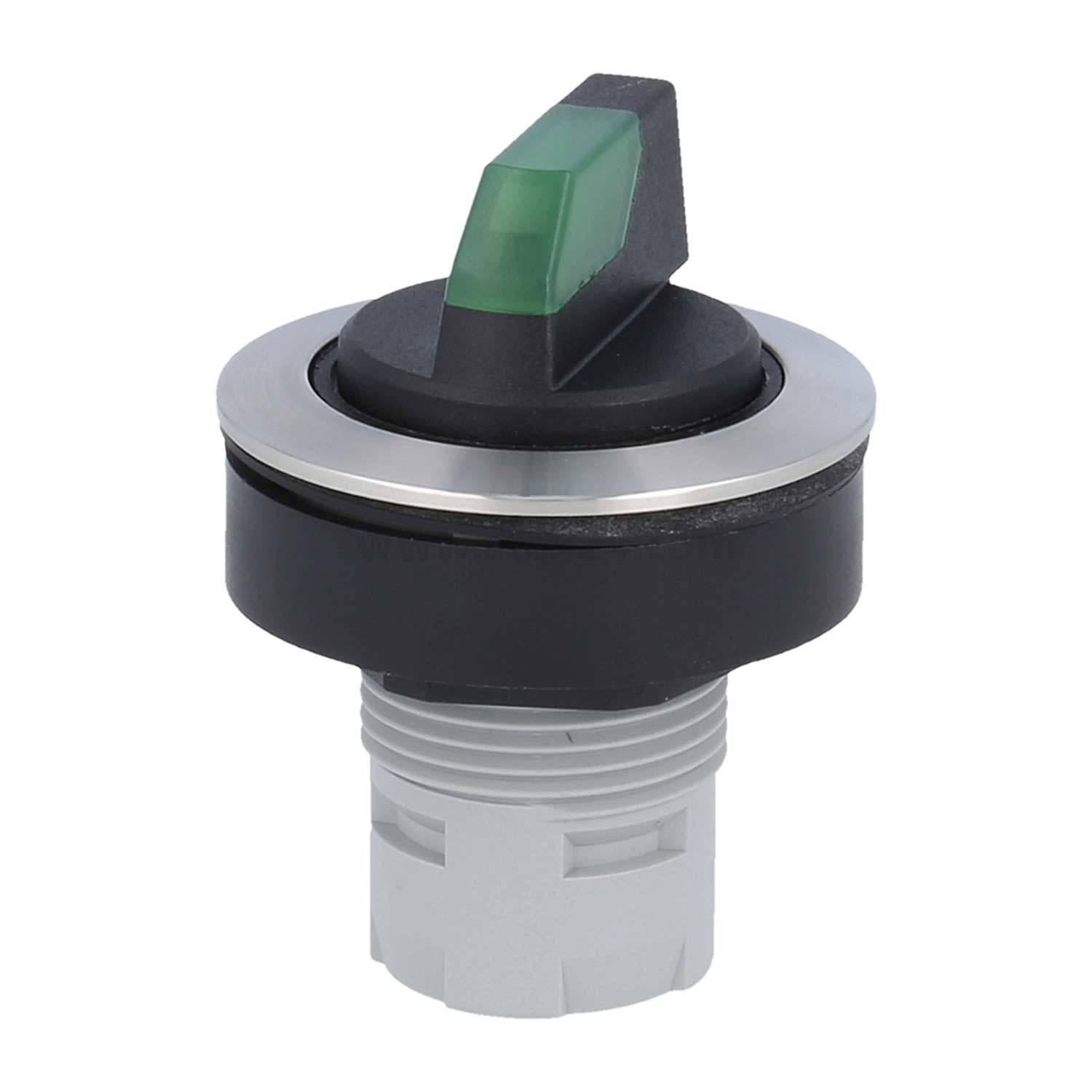Ein grün-schwarzer Drehschalter mit einem Metallring und weißer Basis, der für elektrische Schalttafeln verwendet wird, nach rechts geneigt.