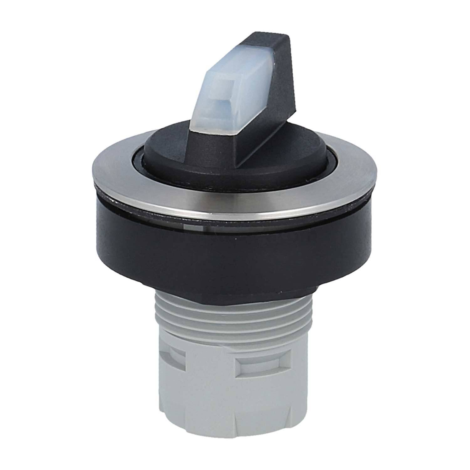 Ein runder, schwarzer Kippschalter mit silbernem Rand und einem transparenten, erhöhten Griff sitzt aufrecht auf einer grauen, zylindrischen Basis.