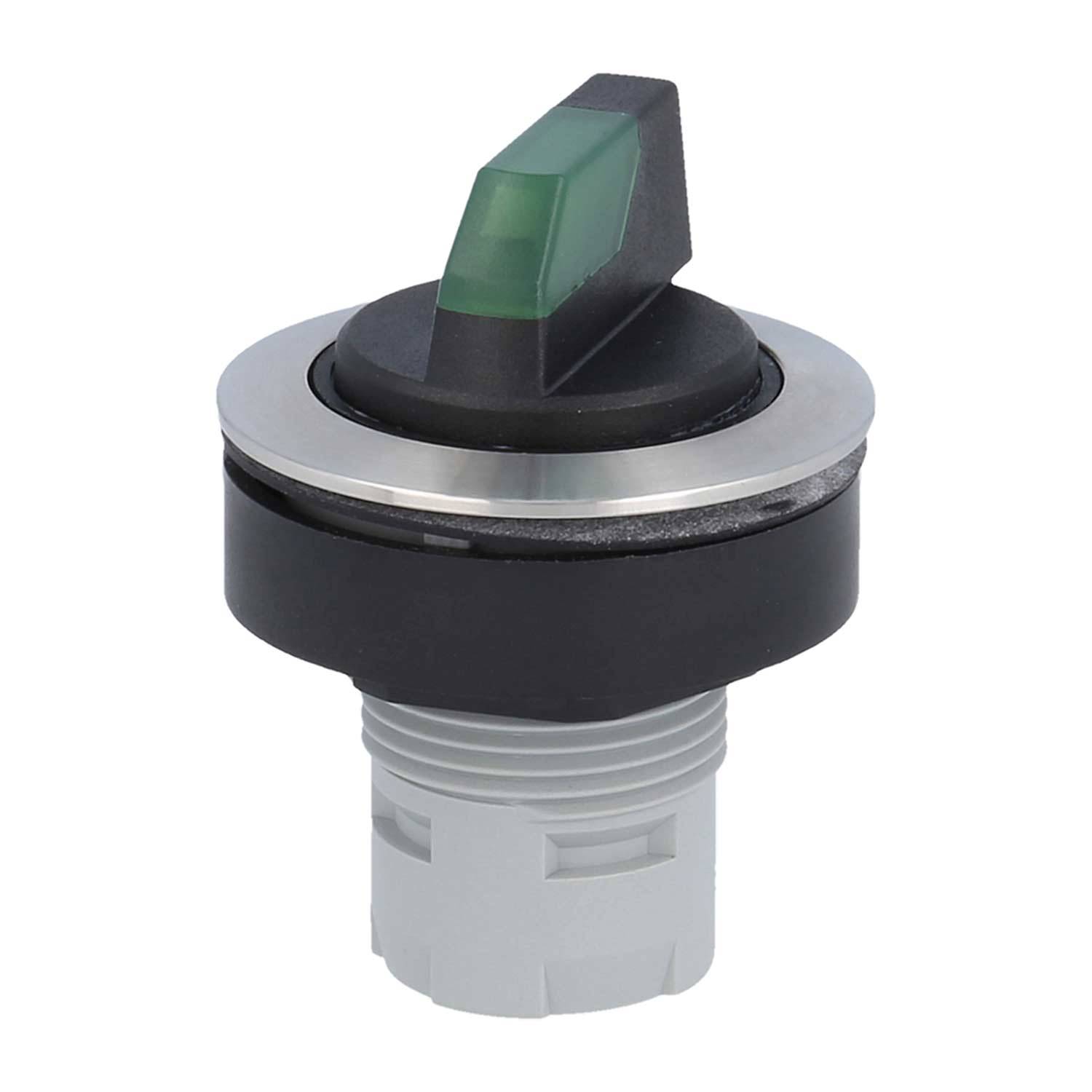 Ein runder, Plastikschalter mit einem grünen Hebel und einer grauen Metallringbasis, der für elektrische Anwendungen verwendet wird.