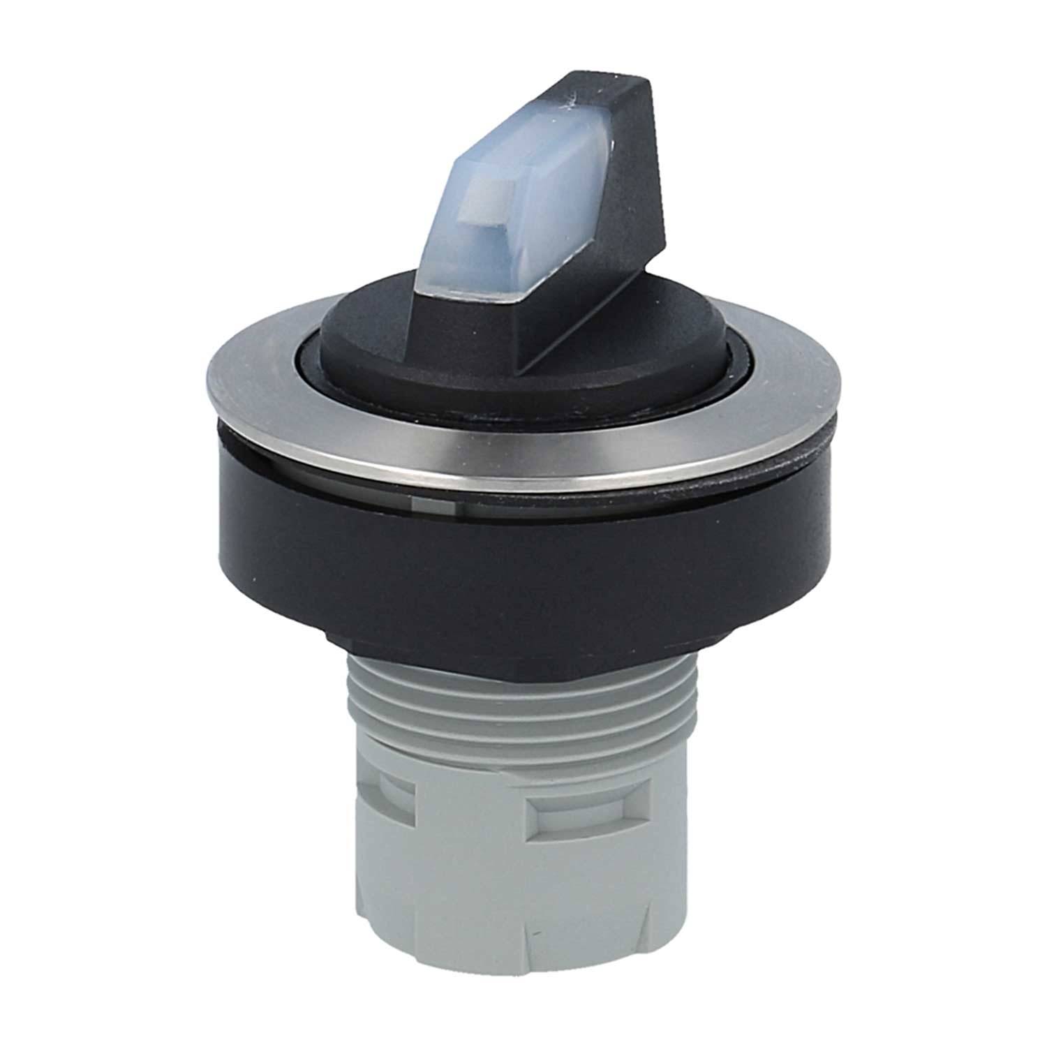 Ein schwarzer und silberner Kippschalter mit transparenter Spitze und runder Basis, entwickelt für elektronische oder elektrische Anwendungen.