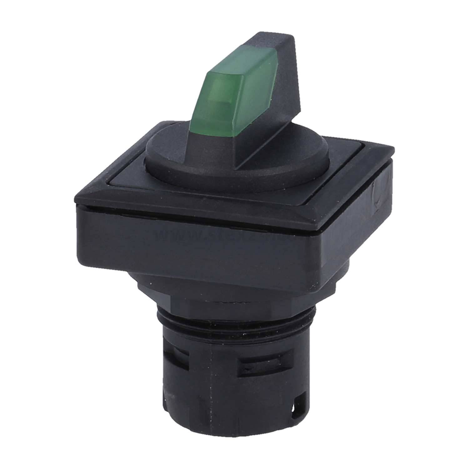 Ein schwarzer Kippschalter mit grüner Anzeige, montiert auf einer schwarzen quadratischen Grundfläche, vor einem weißen Hintergrund.