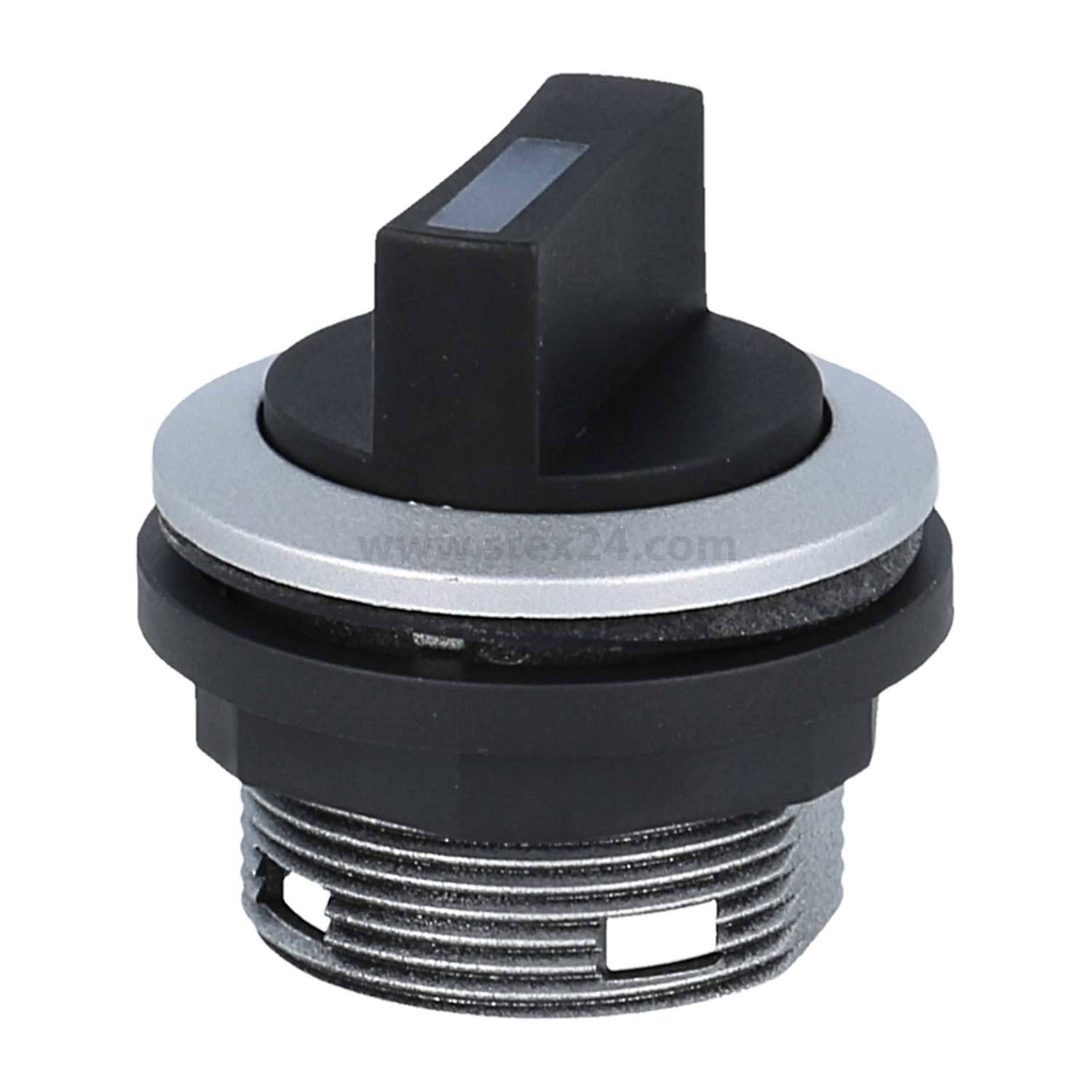 Ein schwarzer Drehschalterknopf mit einem silbernen Ring, für die Befestigung an einer Platte konzipiert, mit gerilltem Griff und sichtbarer Gewindeunterseite.