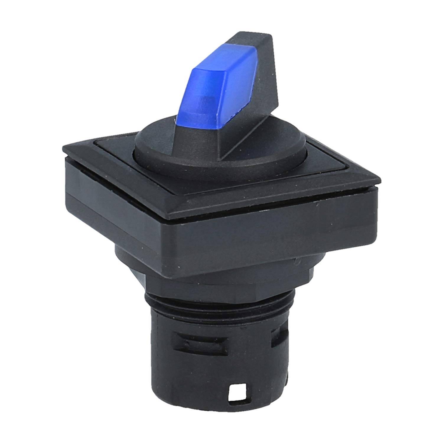 Ein schwarzer und blauer Wippschalter, geeignet zur Befestigung an Bedienblenden, in einer Dreiviertelansicht, die seine Farbe und Design hervorhebt.